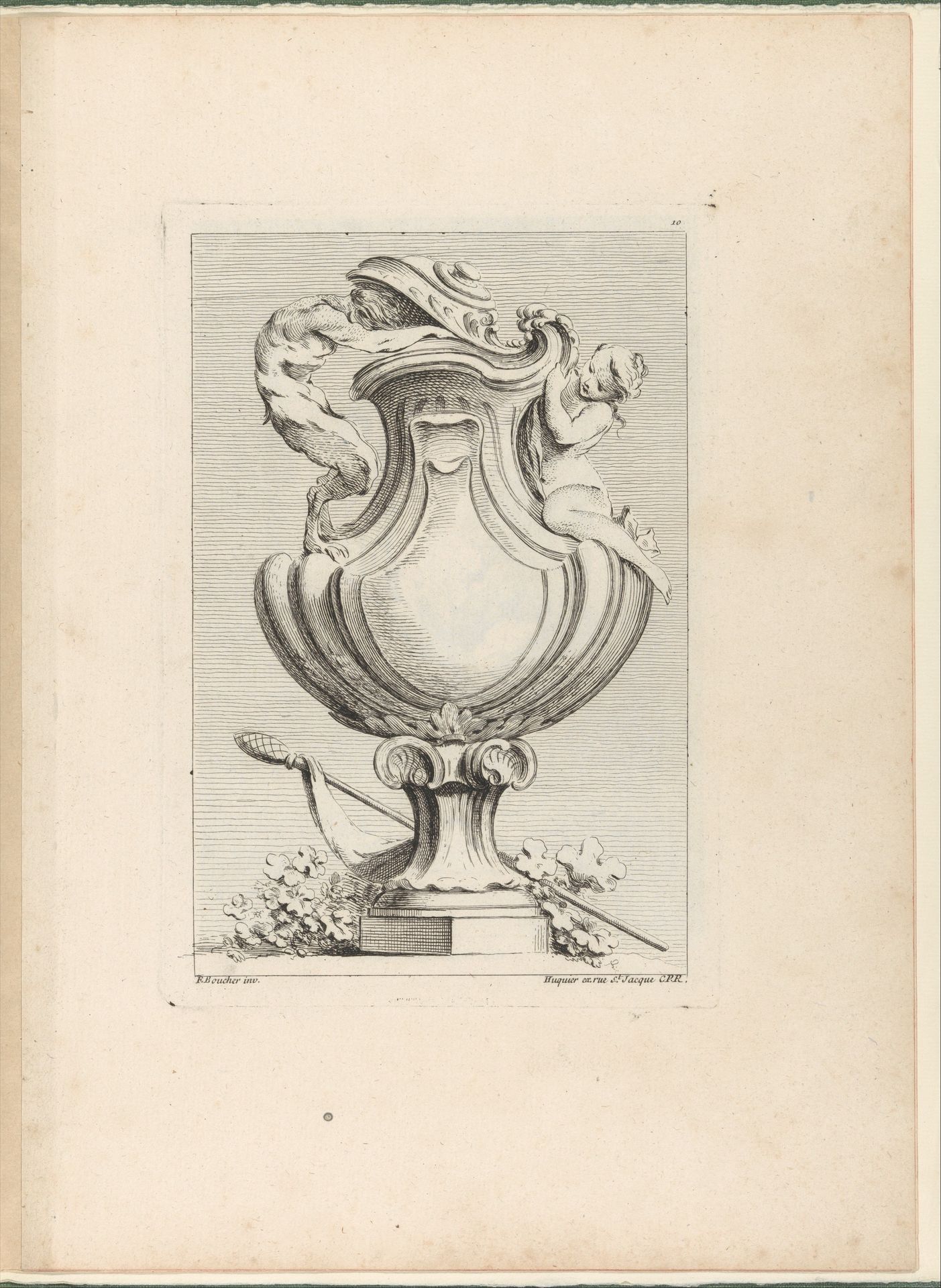 Design for a vase with a faun and a nymph, from Livre de Vases (Book of Vases), plate 10 by Gabriel Huquier