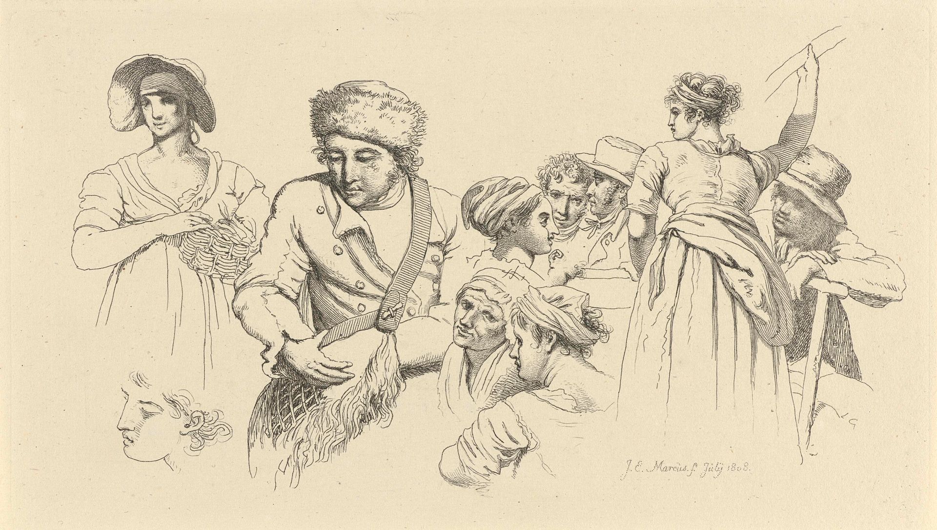 Studieblad met figuren en koppen by Jacob Ernst Marcus