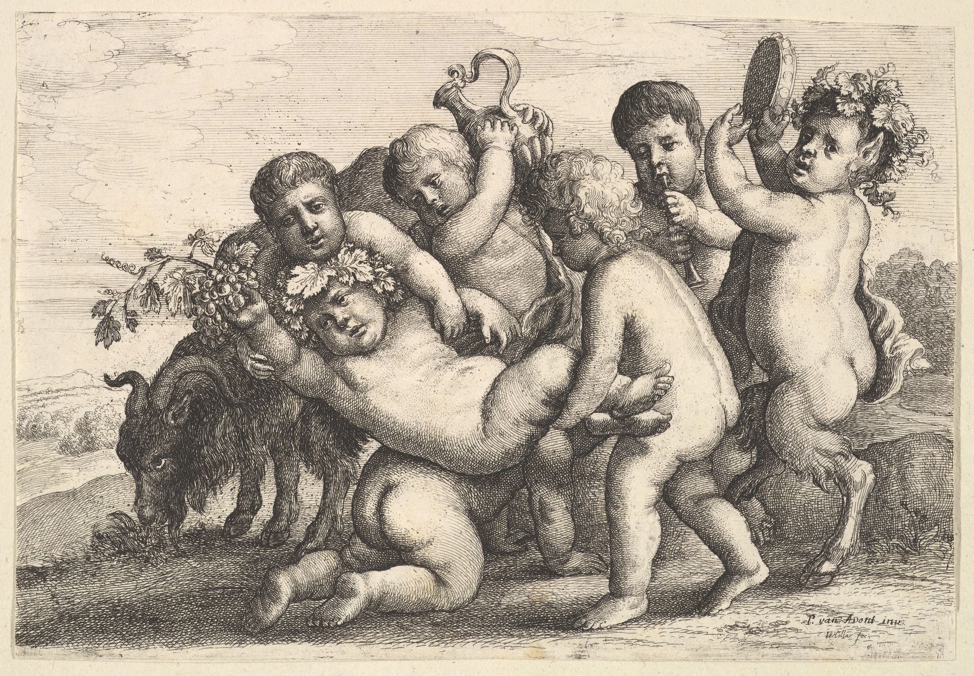 Five boys, two satyrs and a goat by Wenceslaus Hollar
