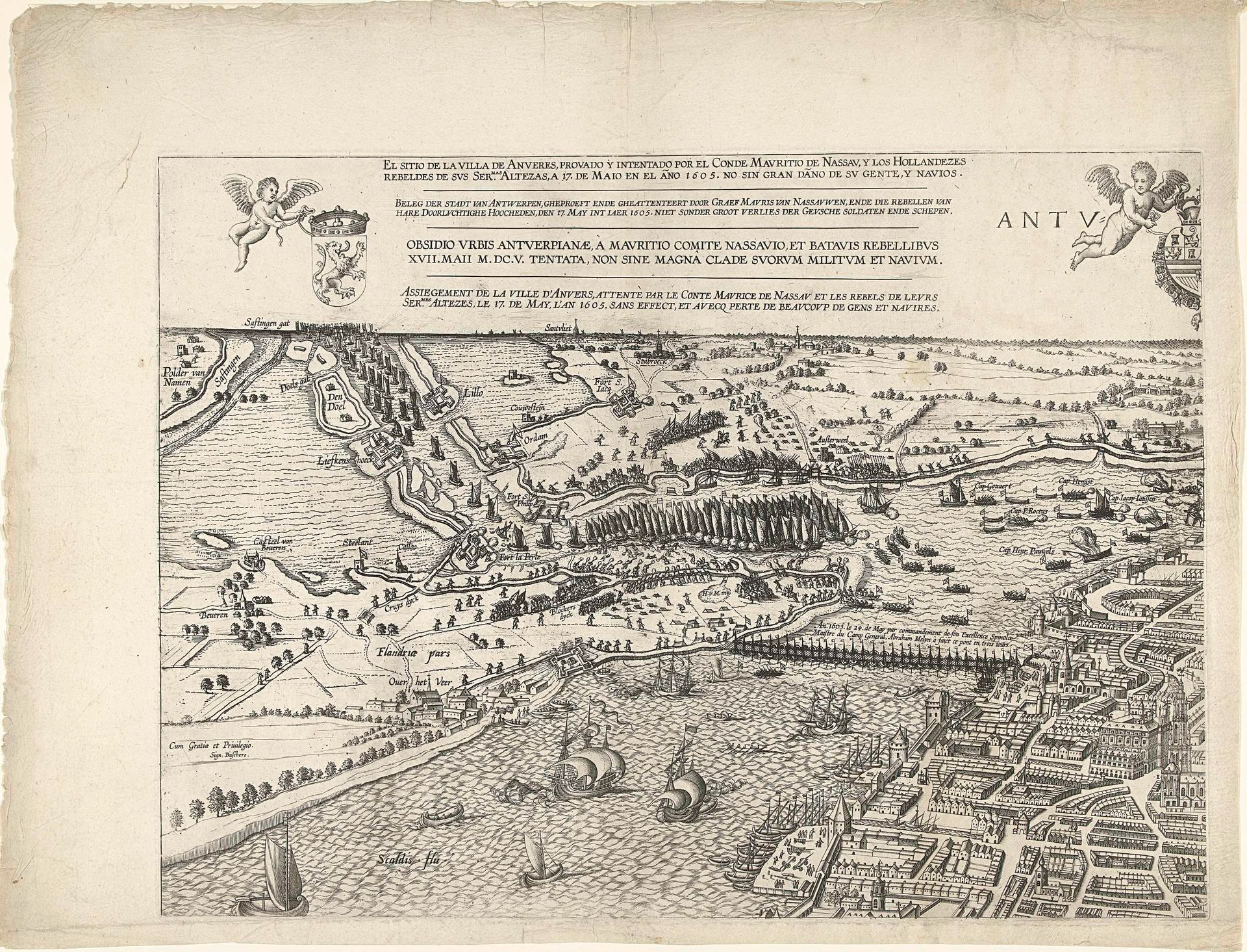 Grote kaart van Antwerpen met de mislukte aanslag in 1605 (blad linksboven) by Pieter van der Heyden