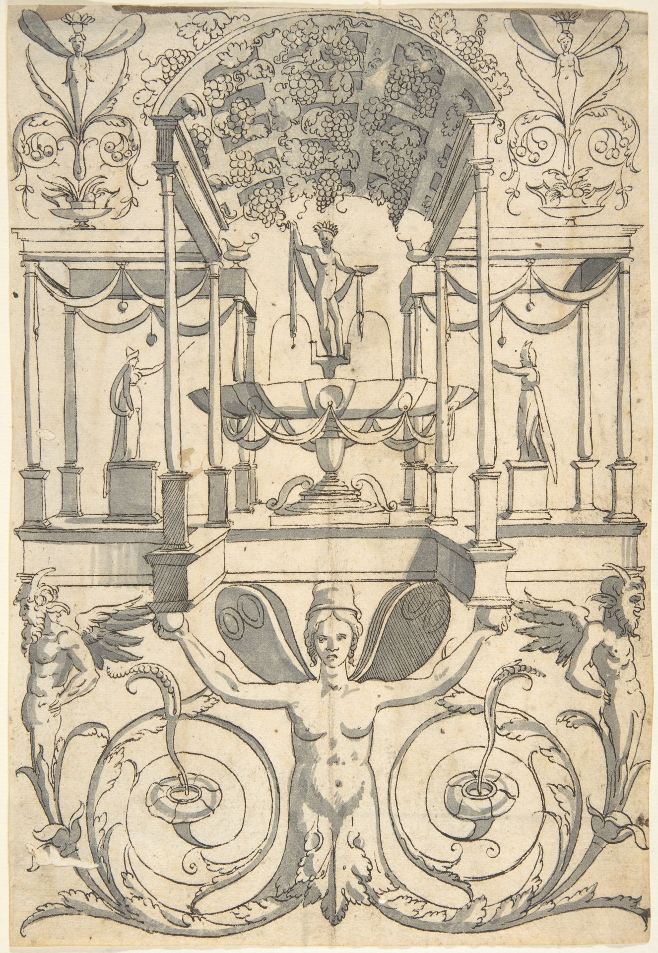 Grotesque with a Bacchus Fountain Placed in an Architectural Structure by Anonymous