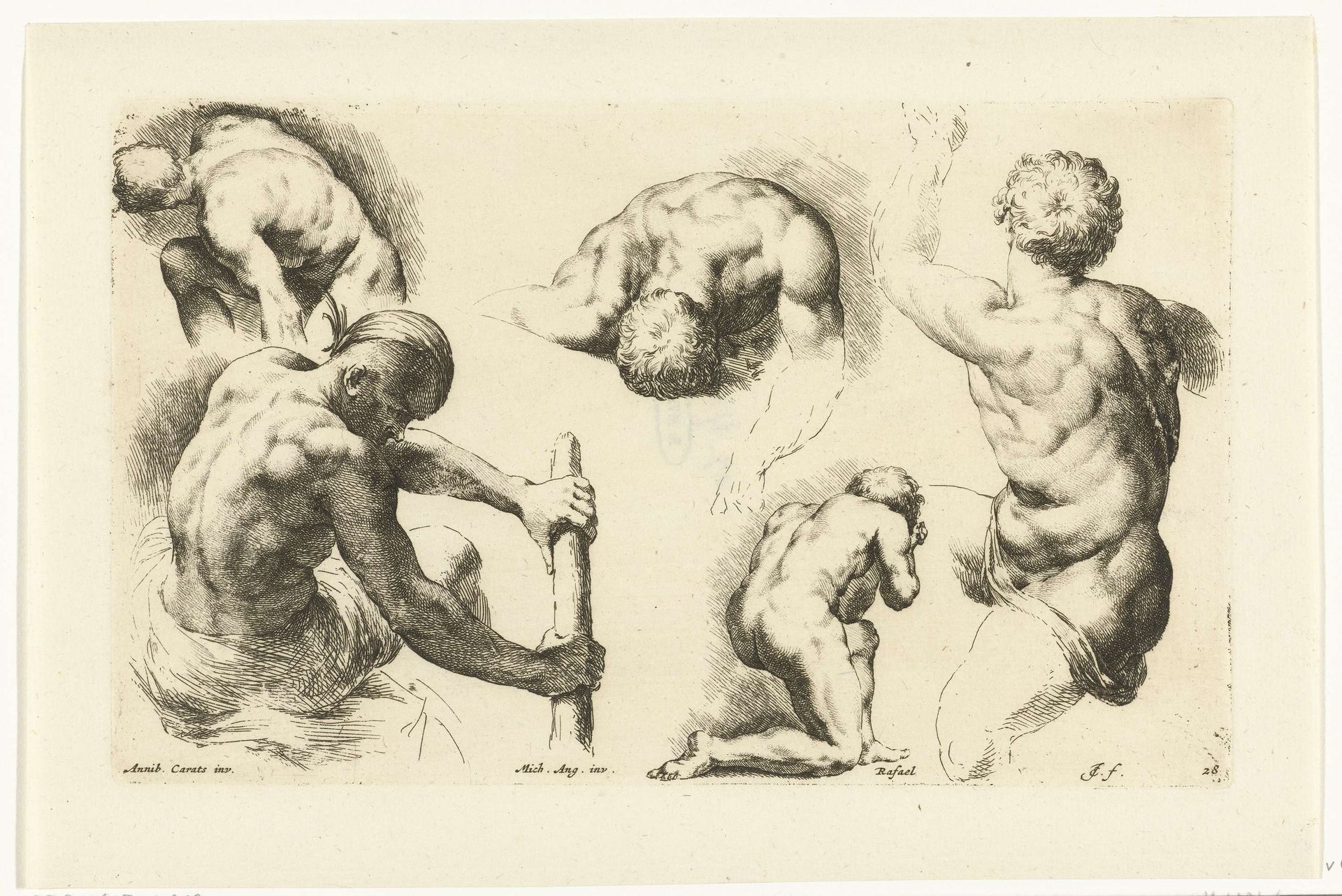 Vijf naakte mannen in verschillende houdingen by Jan de Bisschop