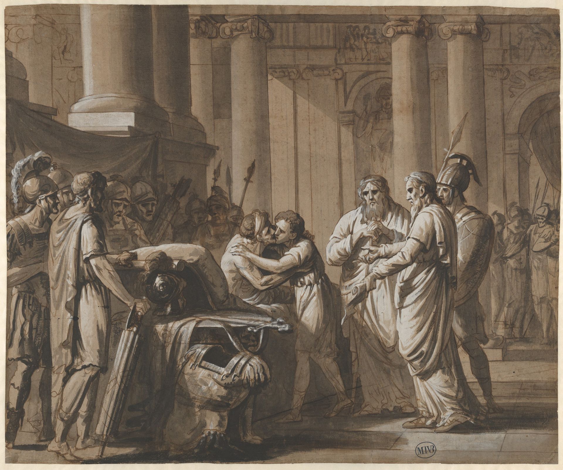 Scene from Roman History, depicting a Youth receiving Armor from a Dying Man (Scipio Africanus and His Son?) by Mathieu-Ignace van Bree