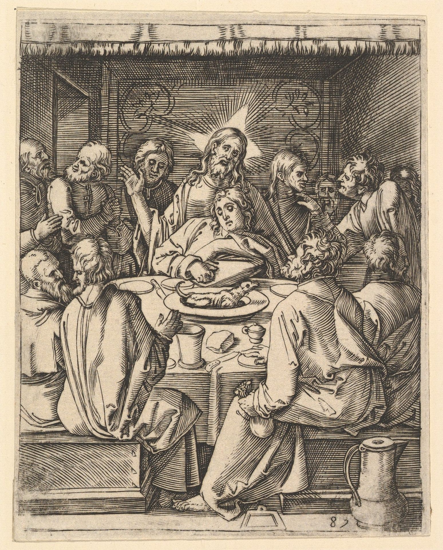 The Last Supper; The last supper with Christ sitting in the center embracing John by Marcantonio Raimondi
