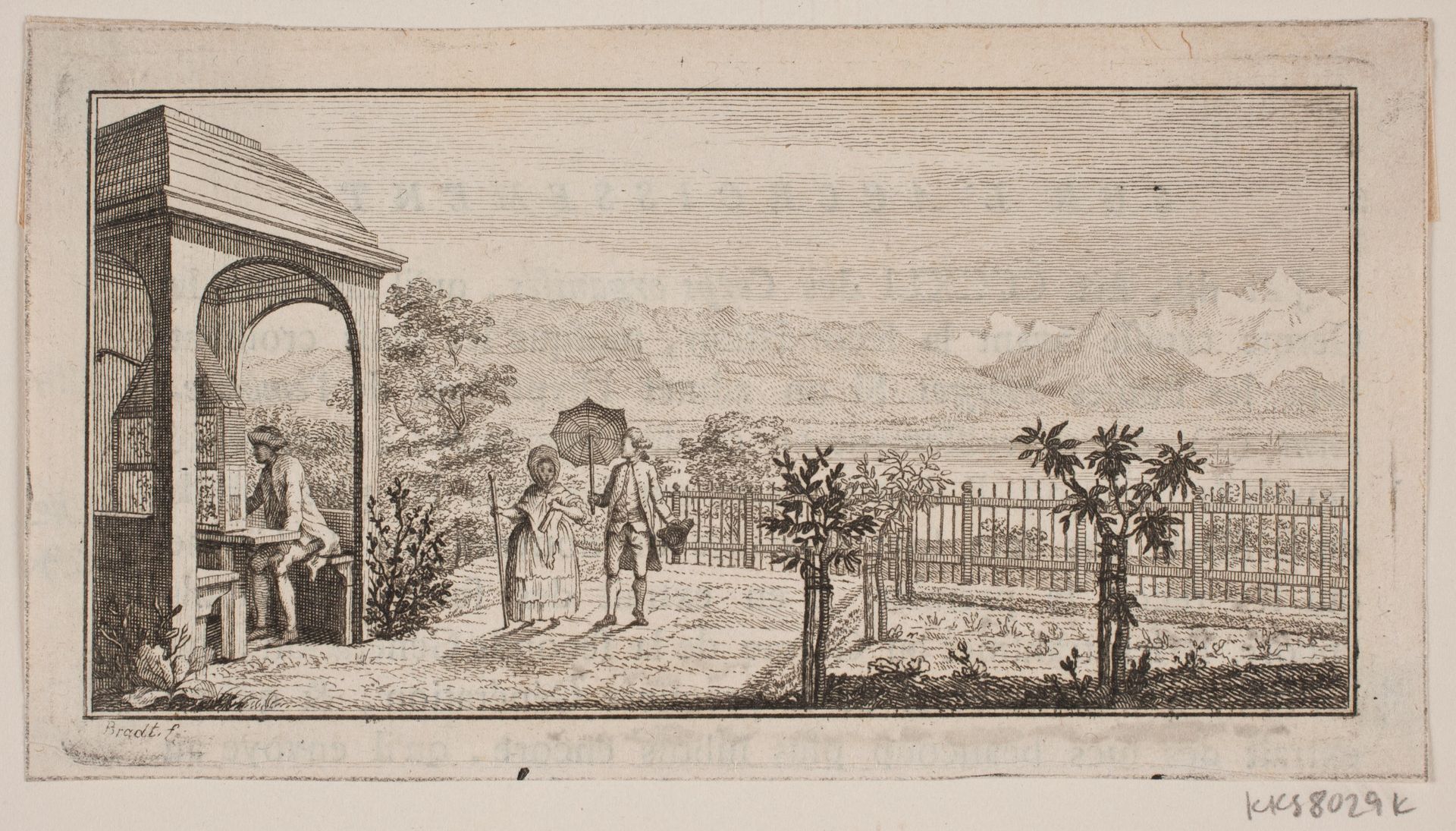 En haveterrasse i Genthod med et spadserende par by J.F. Clemens