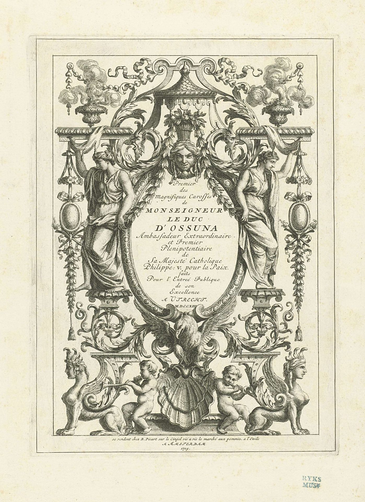 Titelprent voor de serie platen van de statiekoets van de hertog van Ossuna, 1713 by Bernard Picart