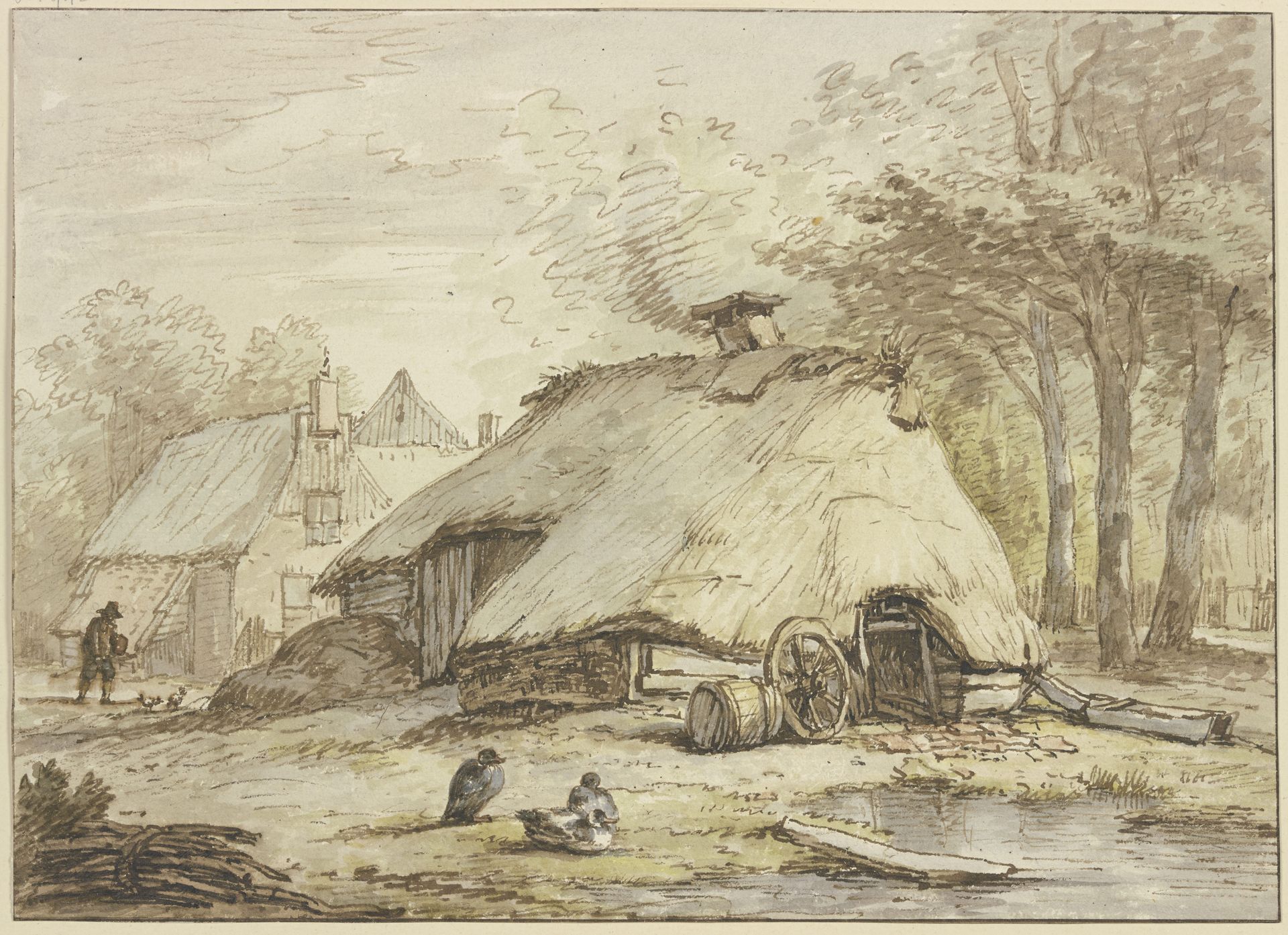 Drei Hütten unter Bäumen, im Vordergrund drei sitzende Enten by Anthonie van Borssom