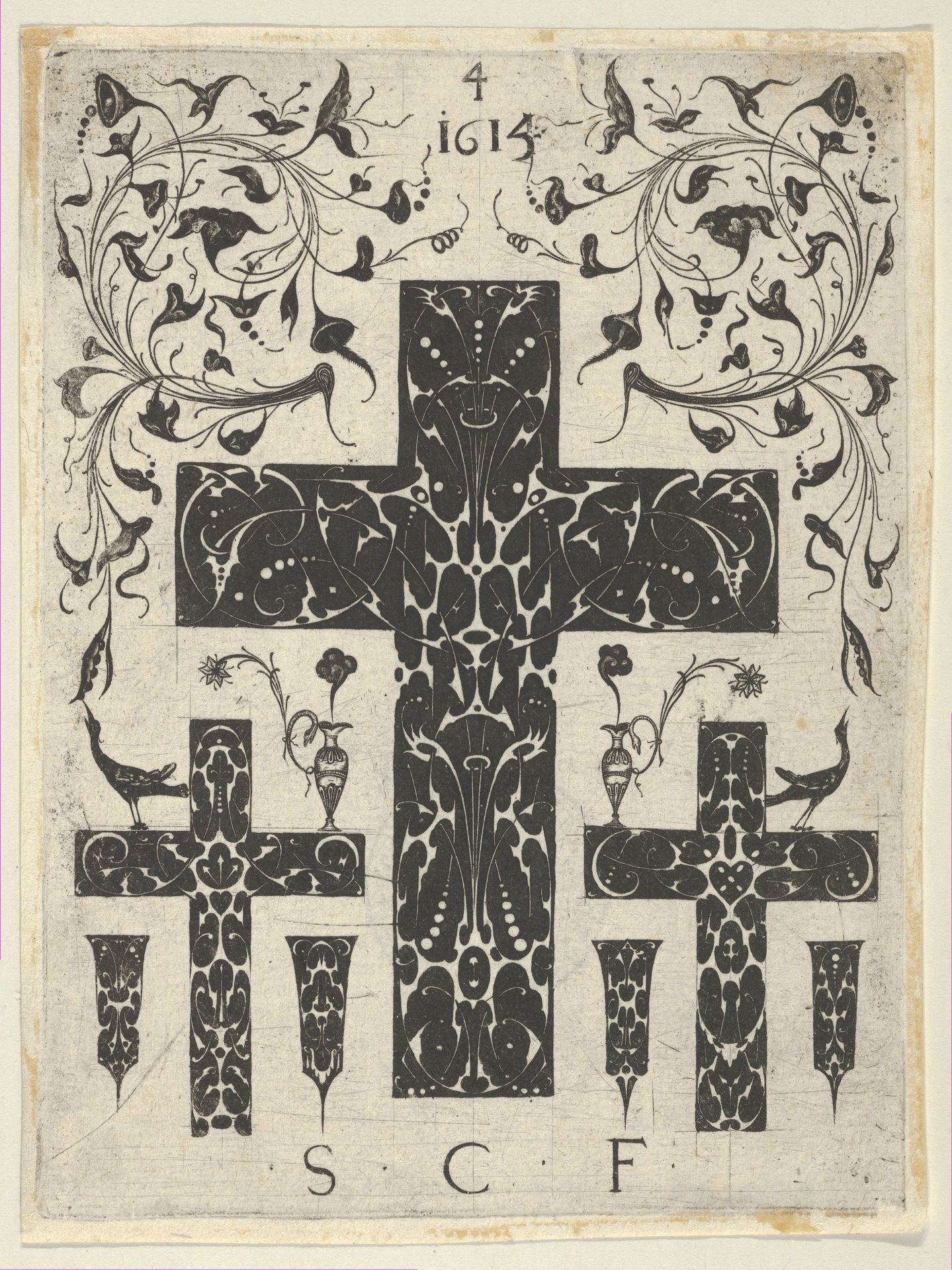 Blackwork Print with Three Crosses and Foliate Scrolls, from a Series of Blackwork Prints for Goldsmiths' Work by Etienne Carteron