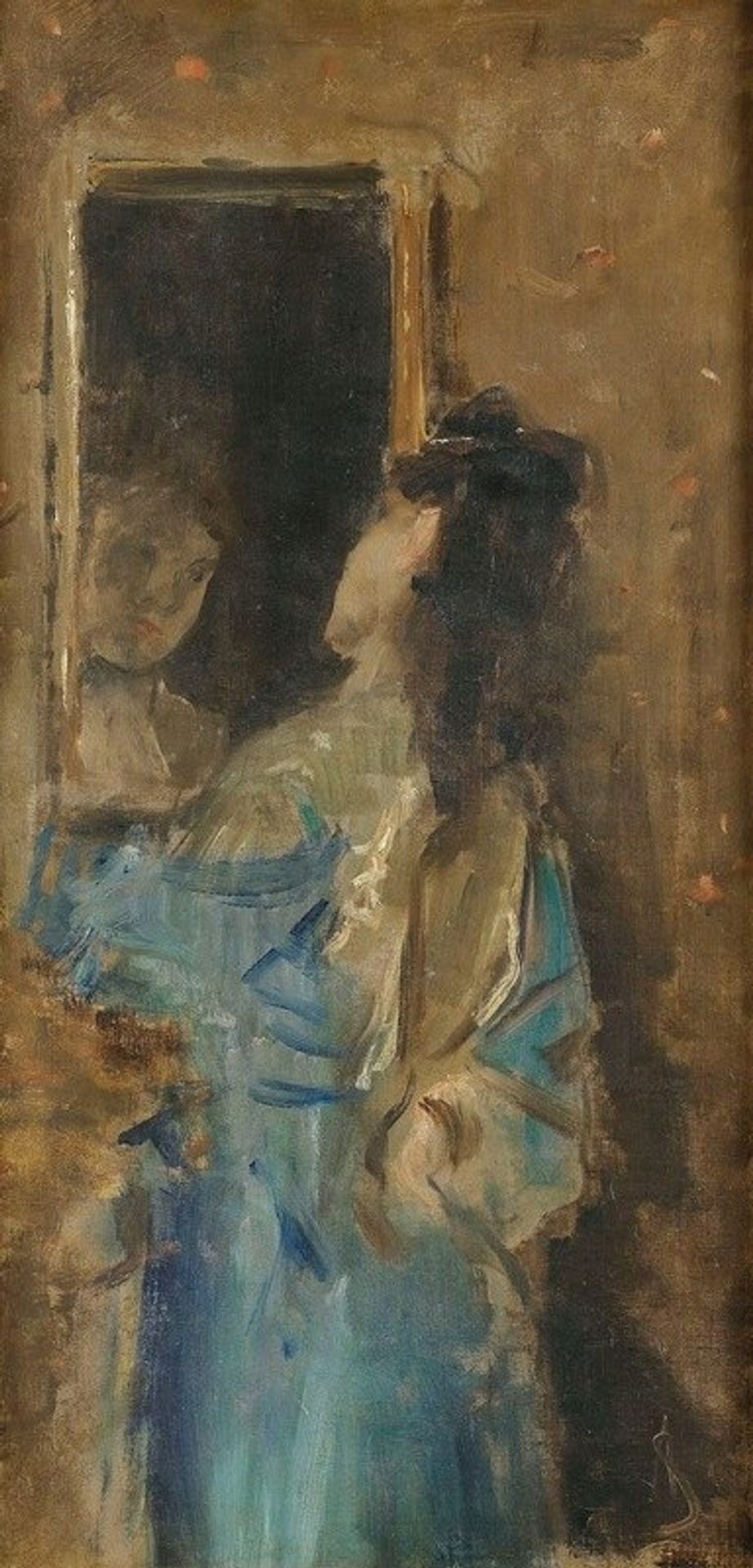 Girl in blue looking in a mirror by Alfred Stevens