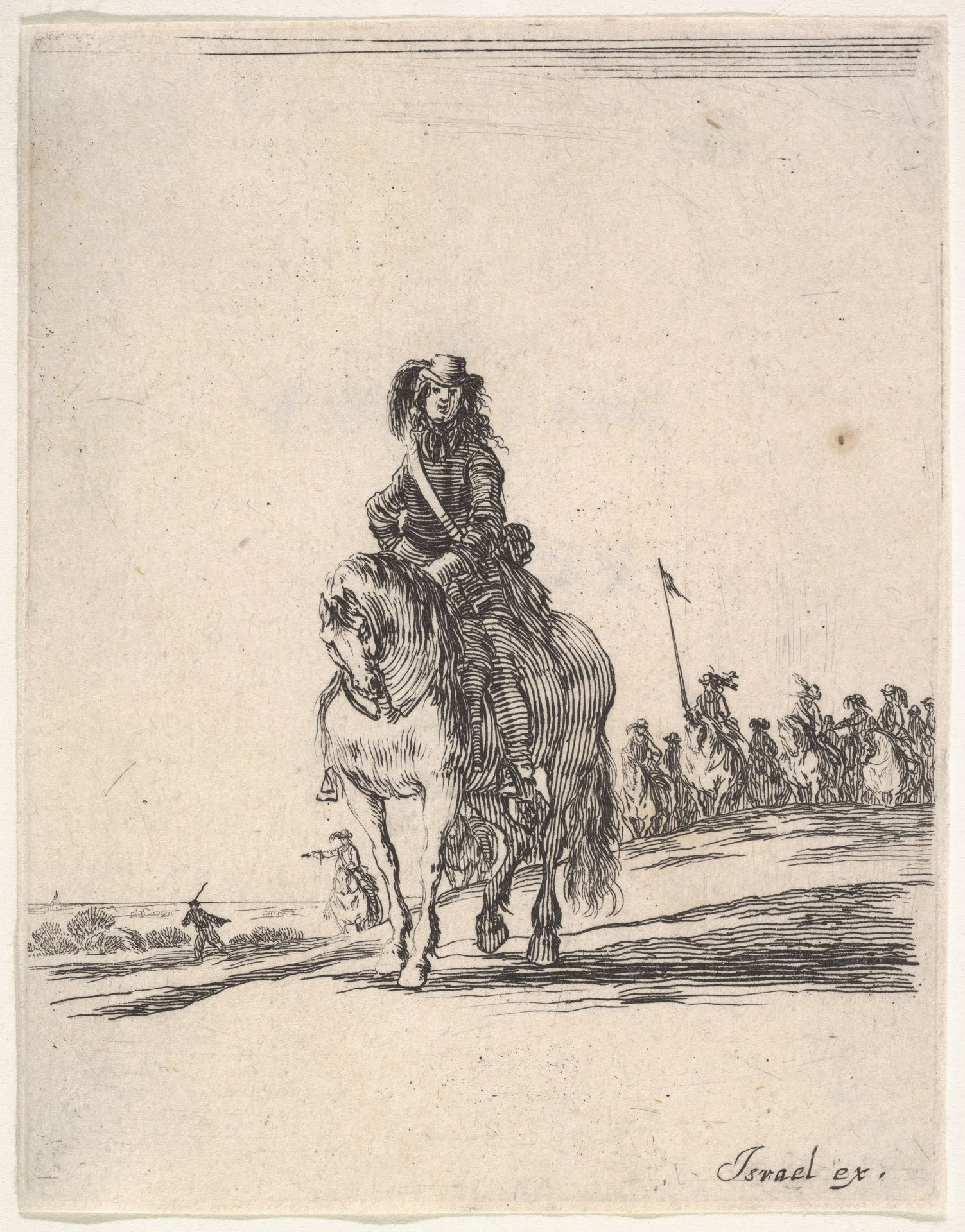 A horseman, facing front, a group of horsemen in background to the right, from 'Various cavalry exercises' (Diverses exercices de cavalerie) by Stefano della Bella