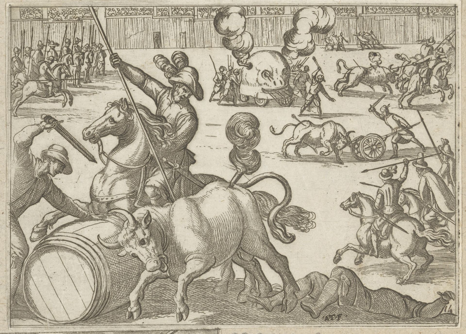 Jacht op stieren in een arena by Antonio Tempesta
