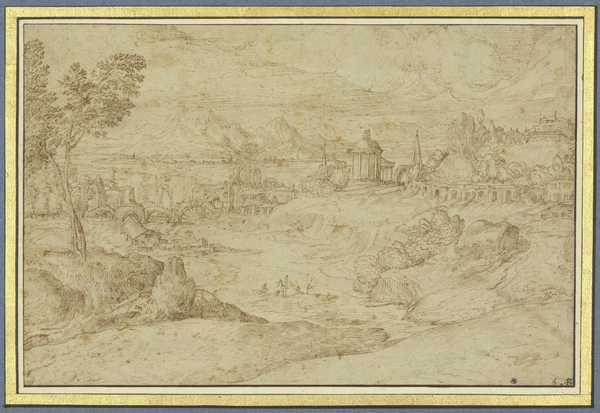 Landschaft mit antikem runden Tempel, einer zerstörten Brücke und einem Fluß by Domenico Campagnola