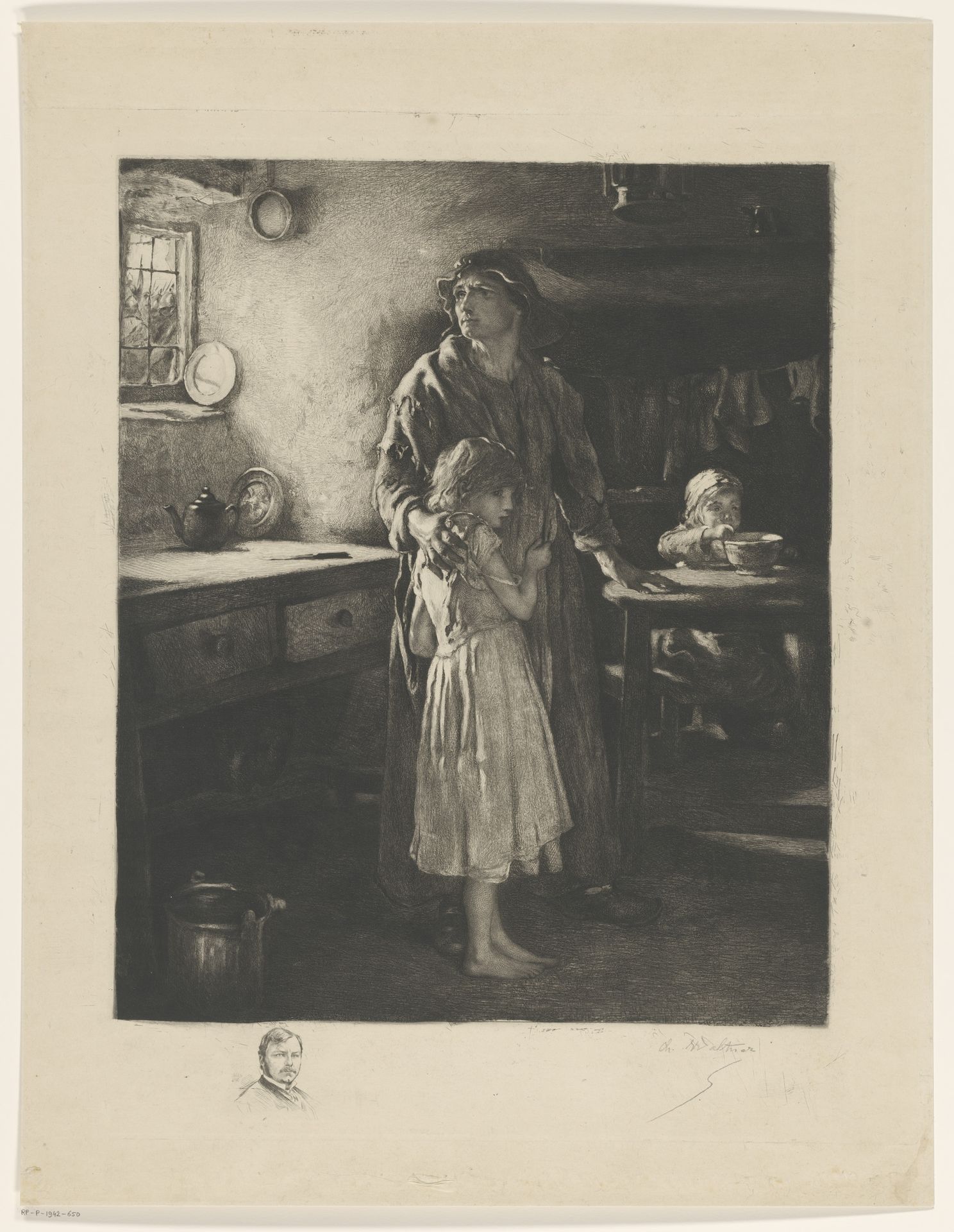 Boereninterieur met vrouw en twee kinderen by Charles Albert Waltner