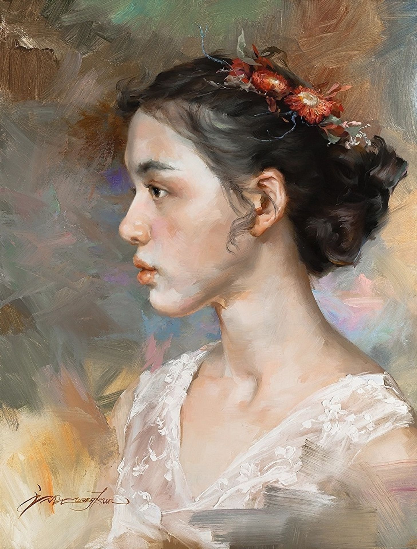 A Girl With Wild Chrysanthemum by Kun Wang