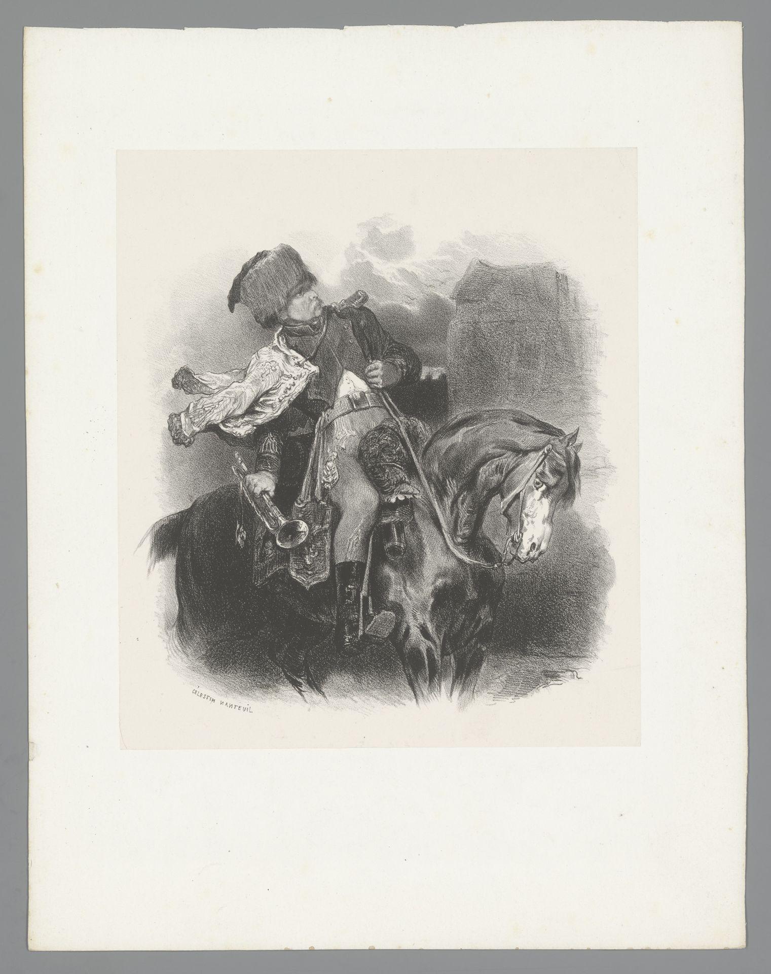 Man in uniform te paard by Célestin Nanteuil