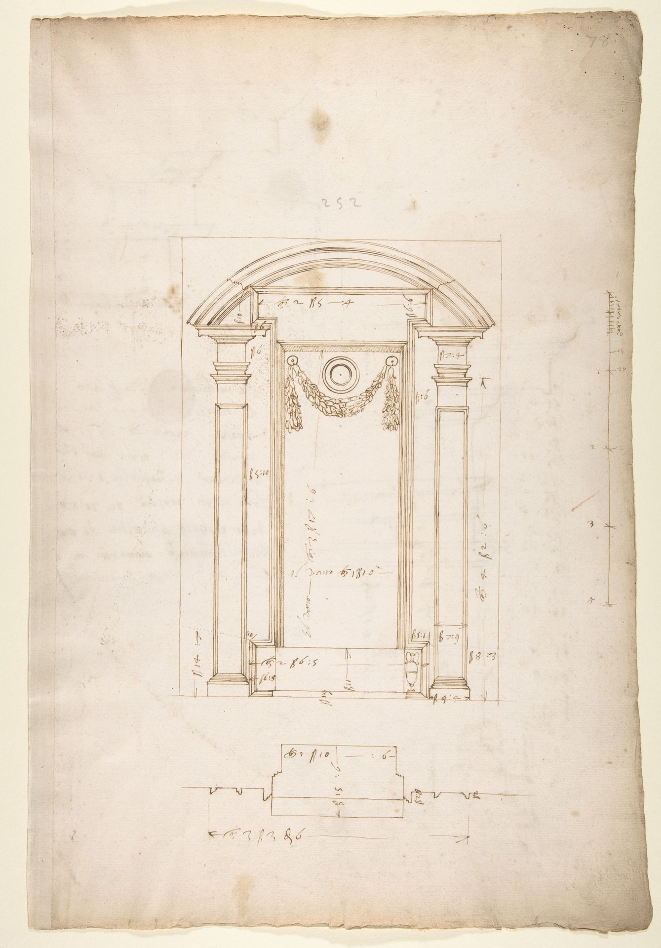 San Lorenzo, New Sacristy, niche frame, tabernacle, plan and elevation (recto) San Lorenzo, New Sacristy, entablature, cornice, and base of niche, profiles (verso) by Anonymous