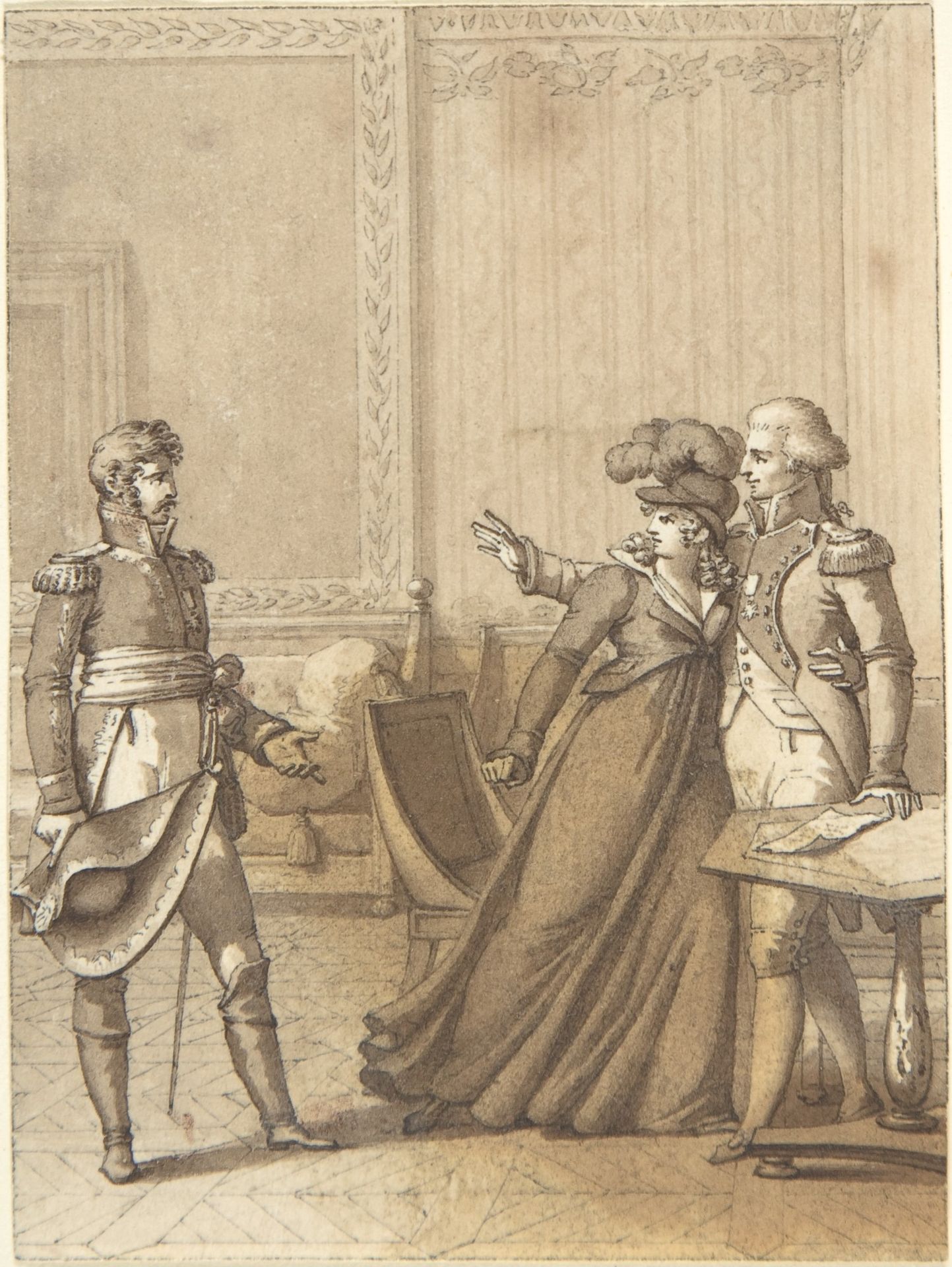 Design for a Book Illustration: a Soldier Approaching a Couple by Anonymous