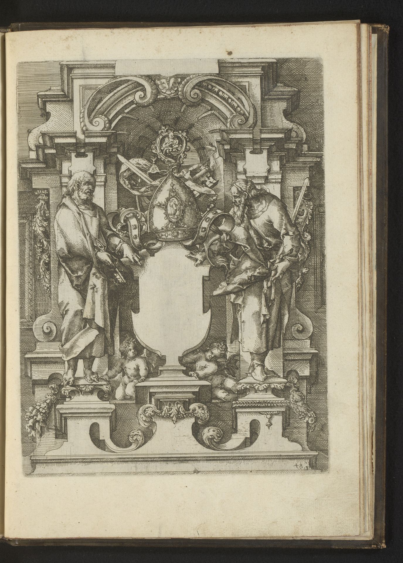 Nis met een lege cartouche geflankeerd door de apostelen Petrus en Paulus by Wendel (I) Dietterlin