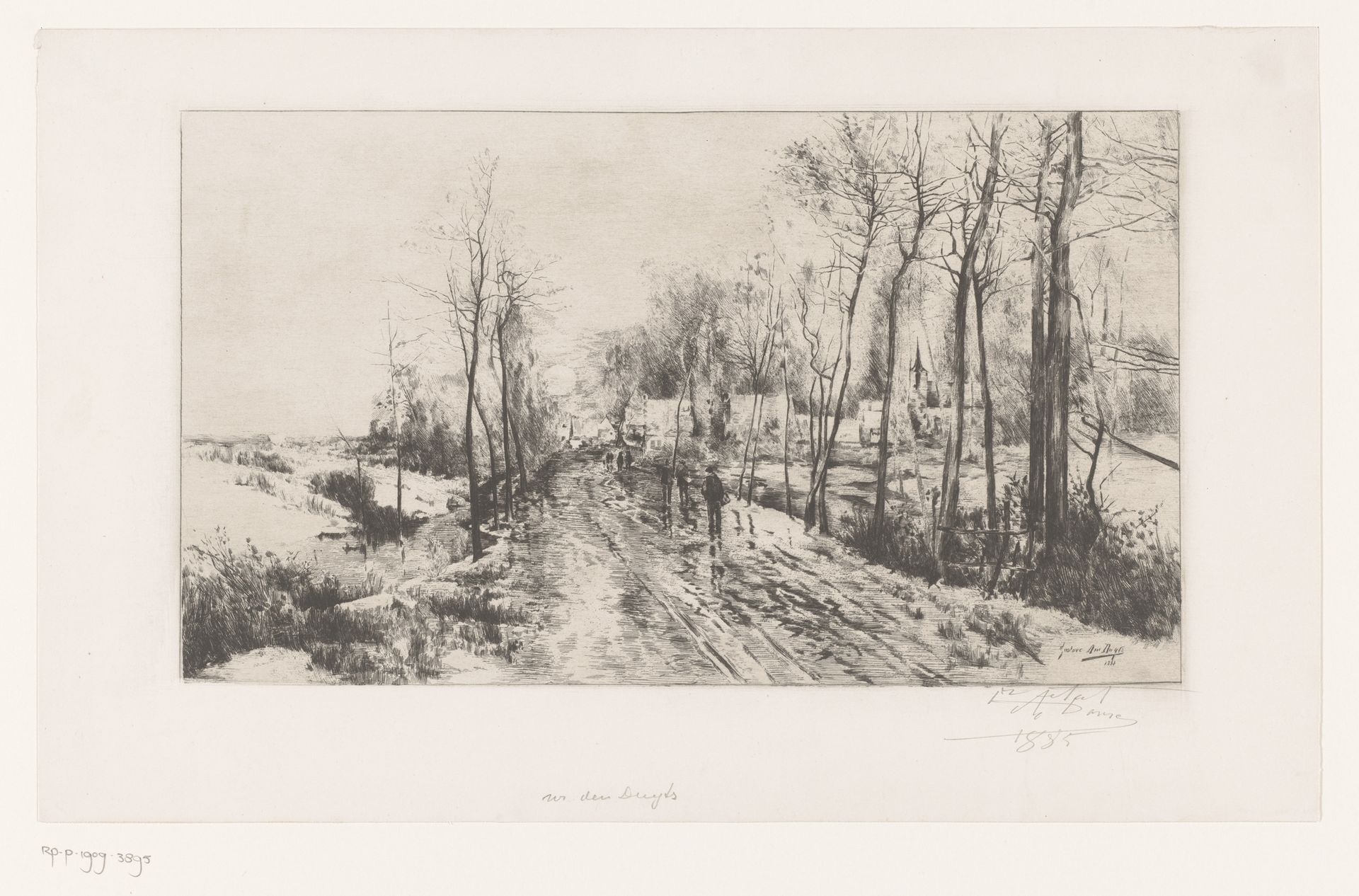Nachtelijk sneeuwlandschap met schimmige figuren op het pad by Auguste Danse