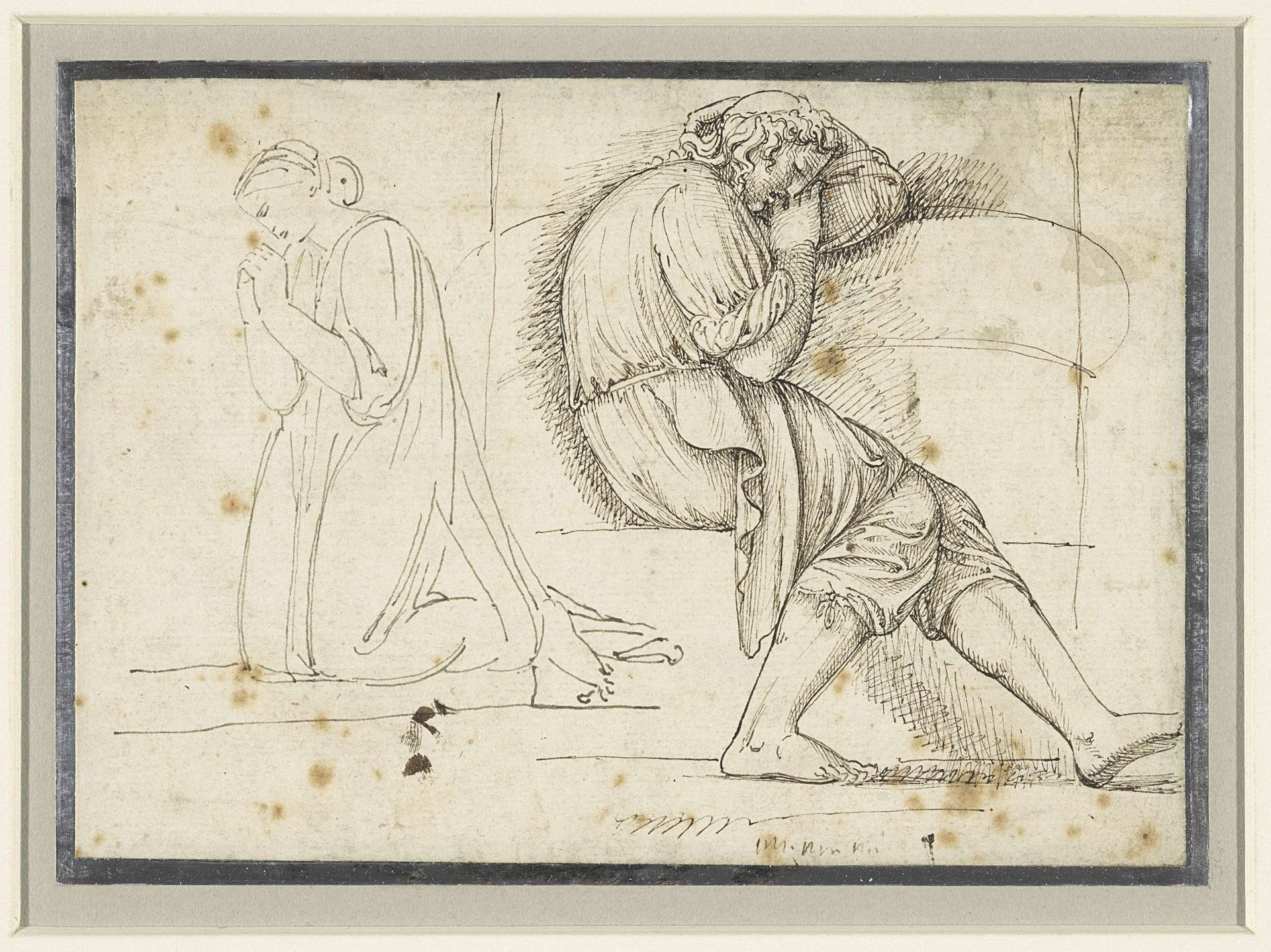 Studieblad met een slapende jongeman en een geknield biddende vrouw by John Flaxman