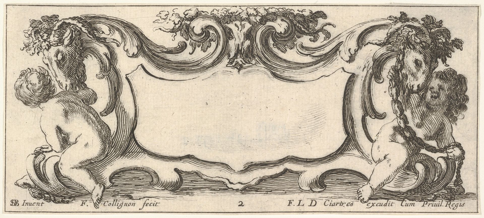 Plate 2: a cartouche with a child seen from the back to left and a child seen from the front to right, each playing with the head of a sheep crowned with flowers, from 'Twelve cartouches' (Recueil de douze cartouches) by François Collignon
