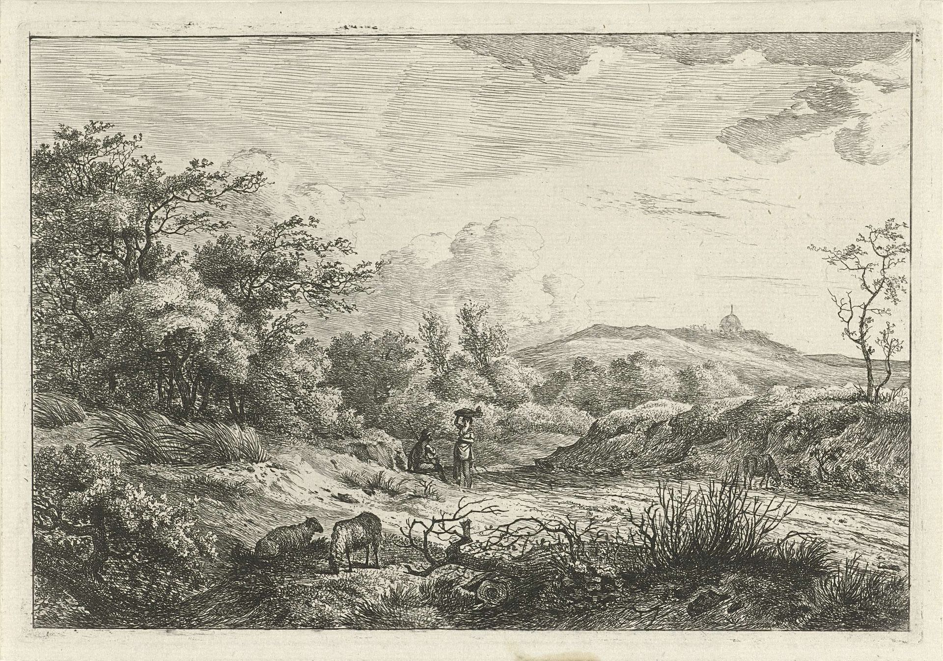 Landschap met herder en vrouw by Hermanus Fock