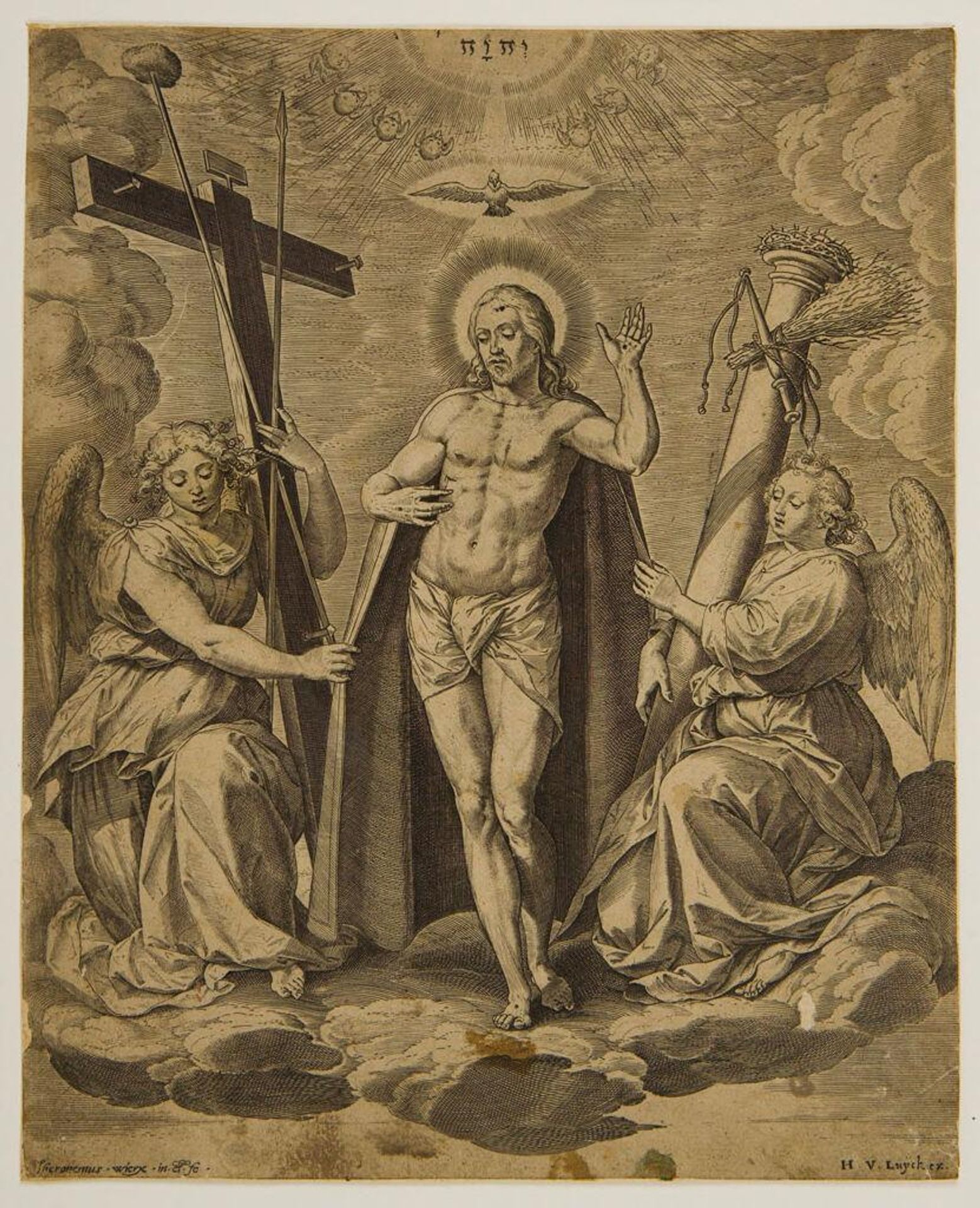 Christ Standing between Two Angels who Support the Instruments of the Passion by Hieronymus Wierix