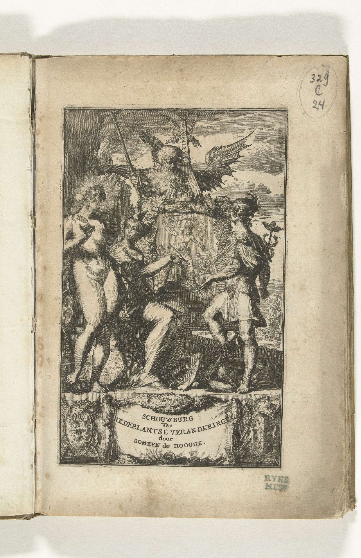 Titelpagina voor de Schouburgh der Nederlandse veranderingen, geopent in ses tooneelen, 1674 by Romeyn de Hooghe