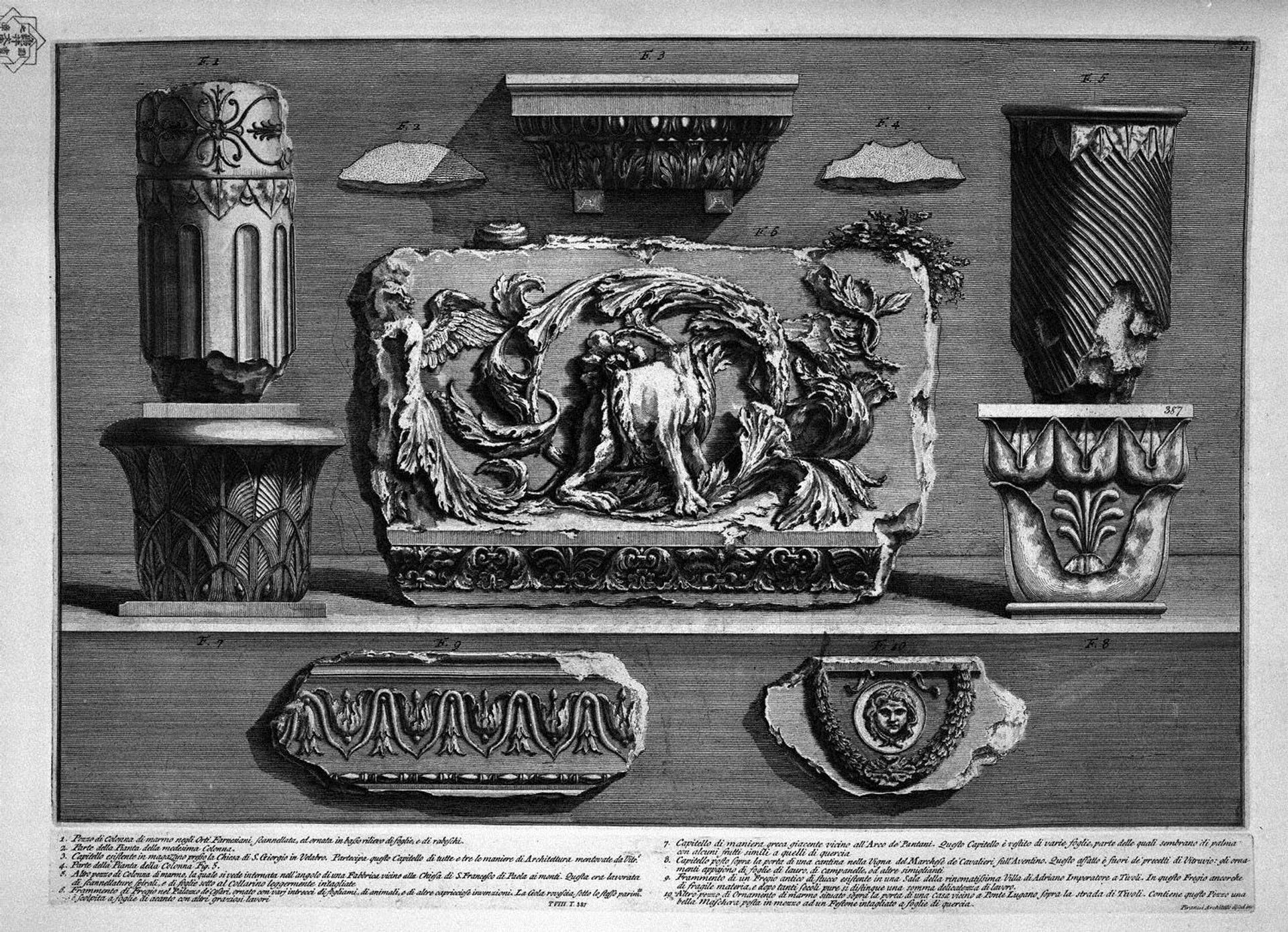 Pieces of columns, capitals, fragments of marble friezes and ornaments by Giovanni Battista Piranesi
