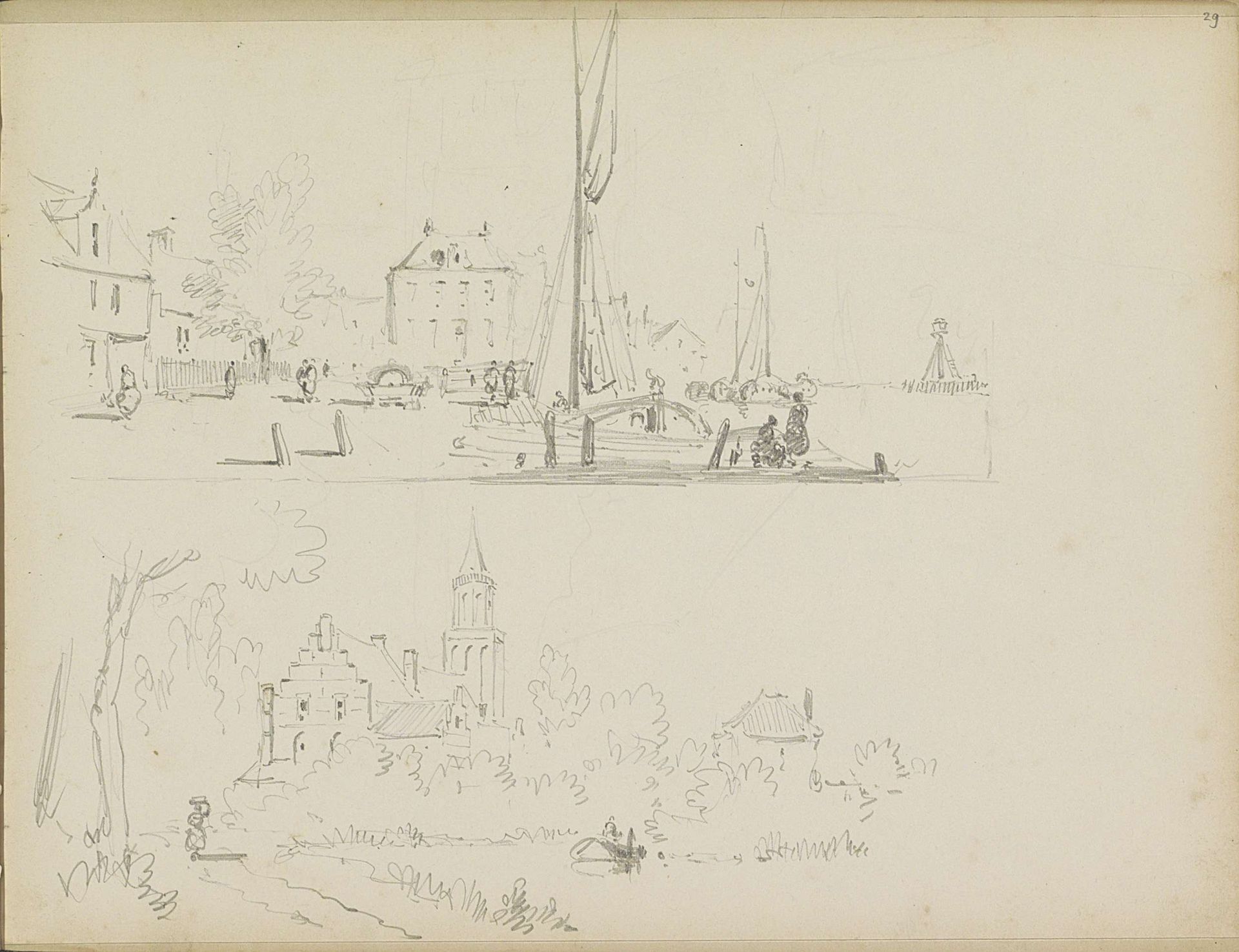 Twee gezichten op gebouwen aan een water by Adrianus Eversen