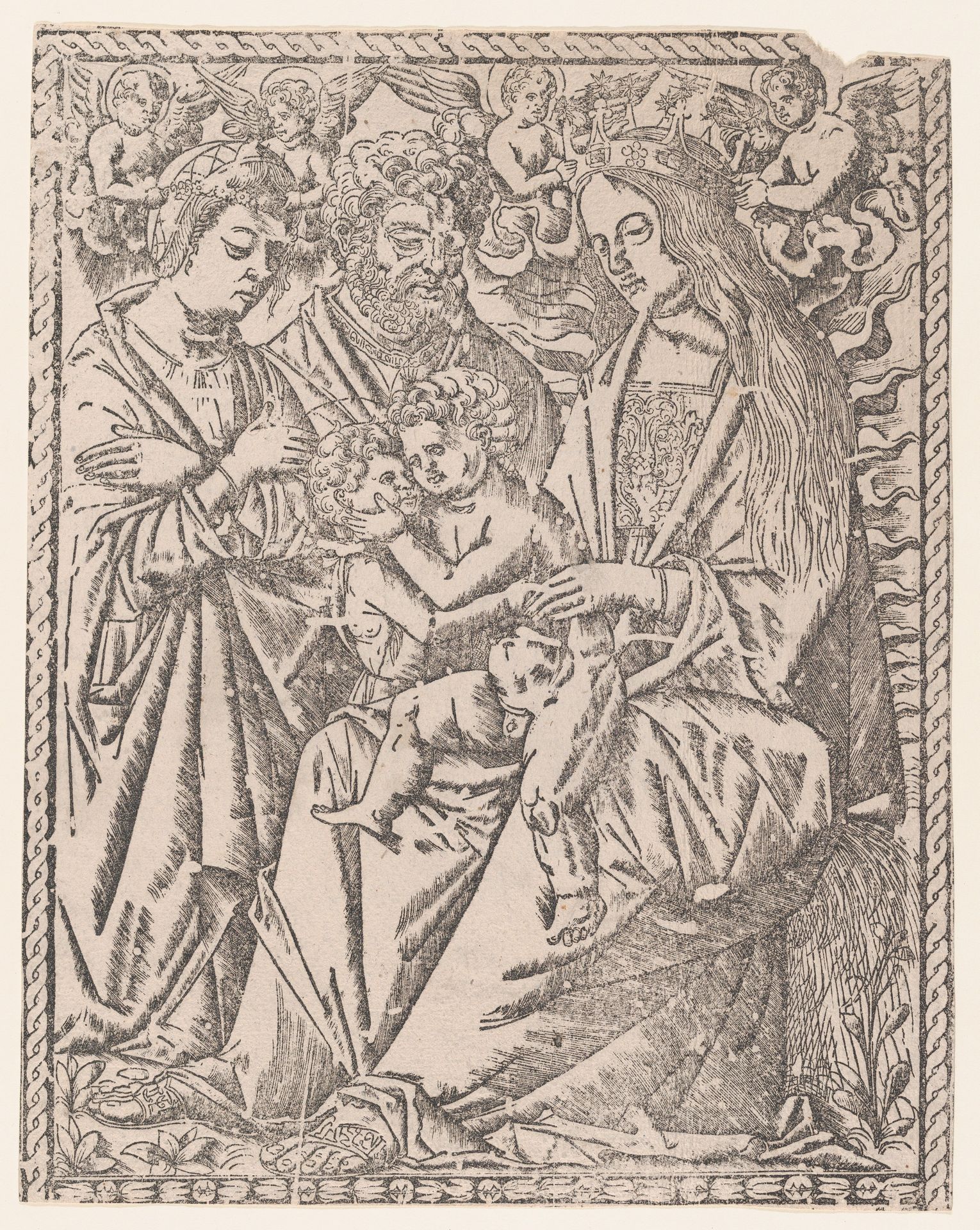 Saint John the Baptist embracing the Christ Child who sits on the Virgin's knee, she is being crowned by angels, other saints at left by Anonymous