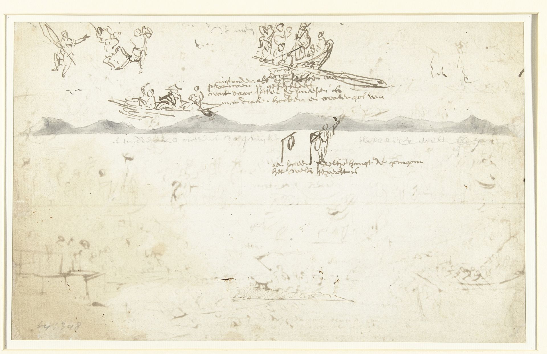 Schetsen van een landschap en figuren in boten by Wouter Schouten