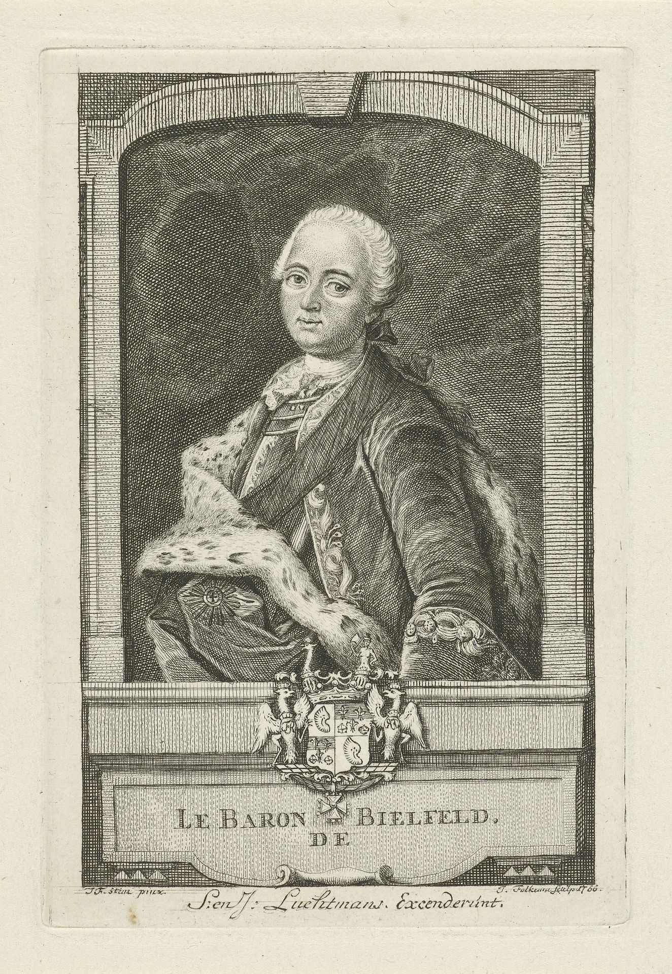 Portret van Jakob Friedrich van Bielfeld by Jacob Folkema
