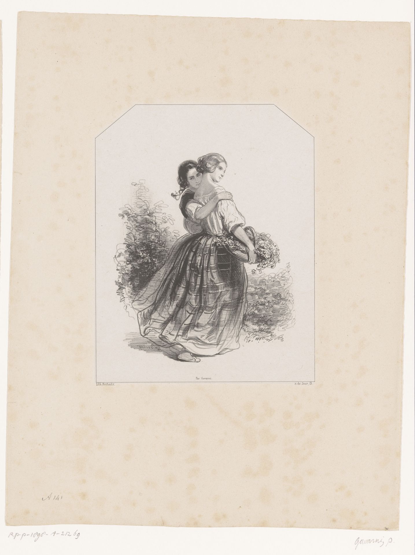 Twee meisjes met bloemenmand by Paul Gavarni
