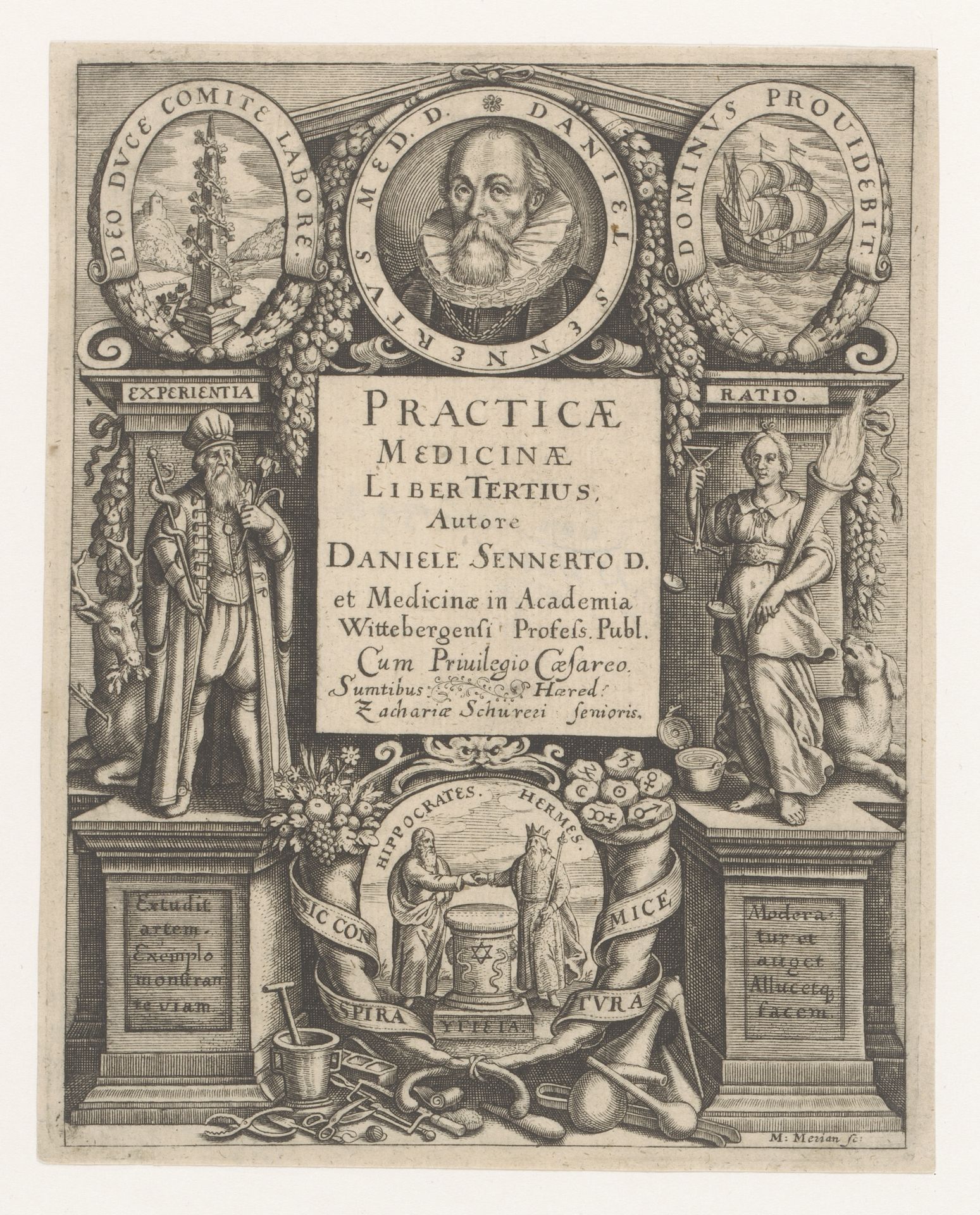 Architectonische omlijsting met portret van Daniel Sennert en allegoriën by Matthäus (I) Merian