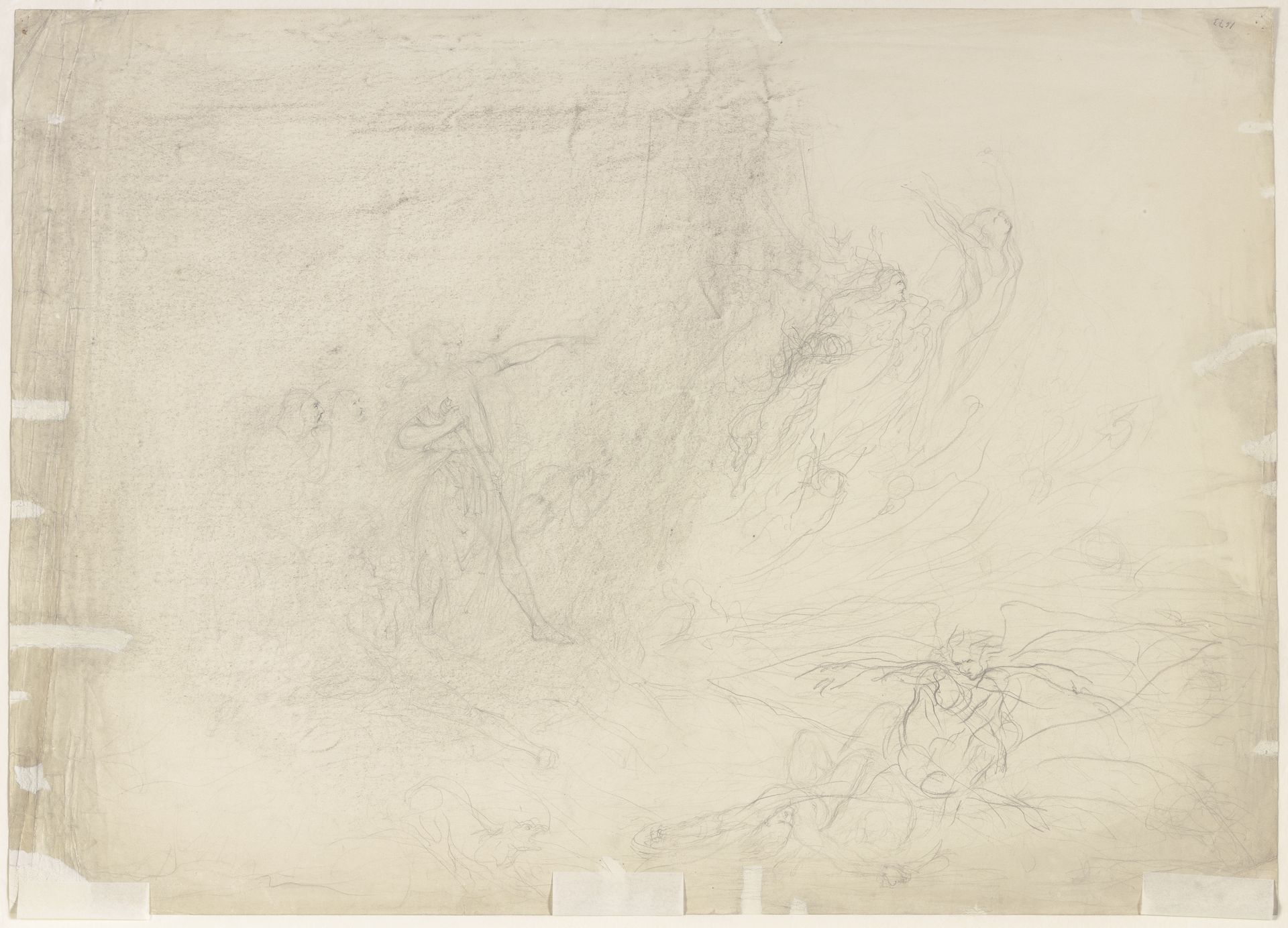 Der Hadesrichter Minos zeigt Dante und Vergil die im zweiten Höllenkreis im Sturm umher gejagten Wollüstigen, unten rechts Francesca und Paolo by Victor Müller