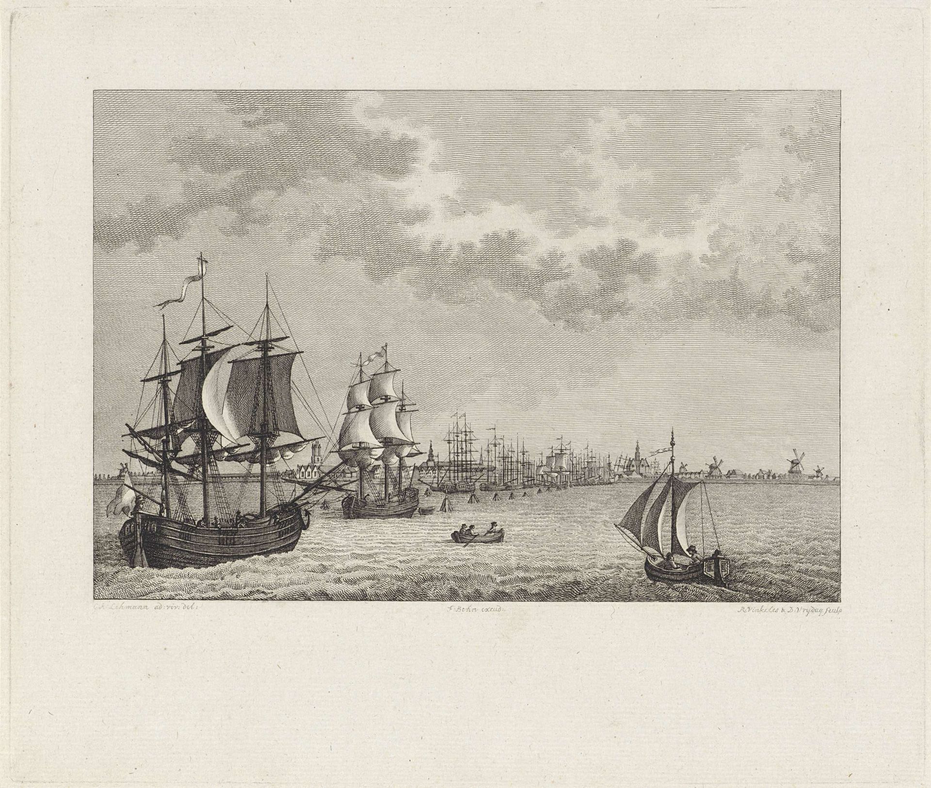 Gezicht op de haven van Emden by Reinier Vinkeles