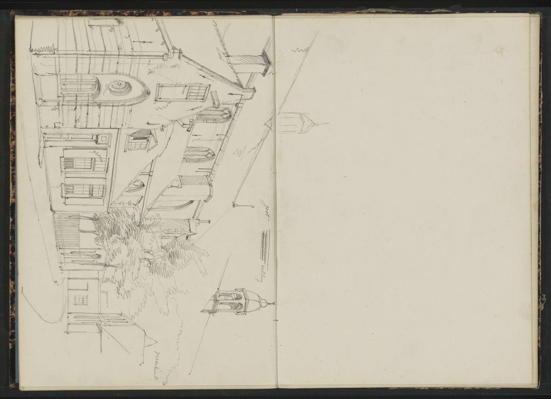 Huis naast een kerk aan een straat by Willem Koekkoek