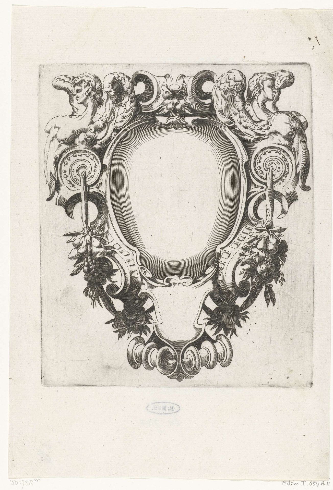 Cartouche met bovenlichamen van twee gevleugelde vrouwen by H. Picart