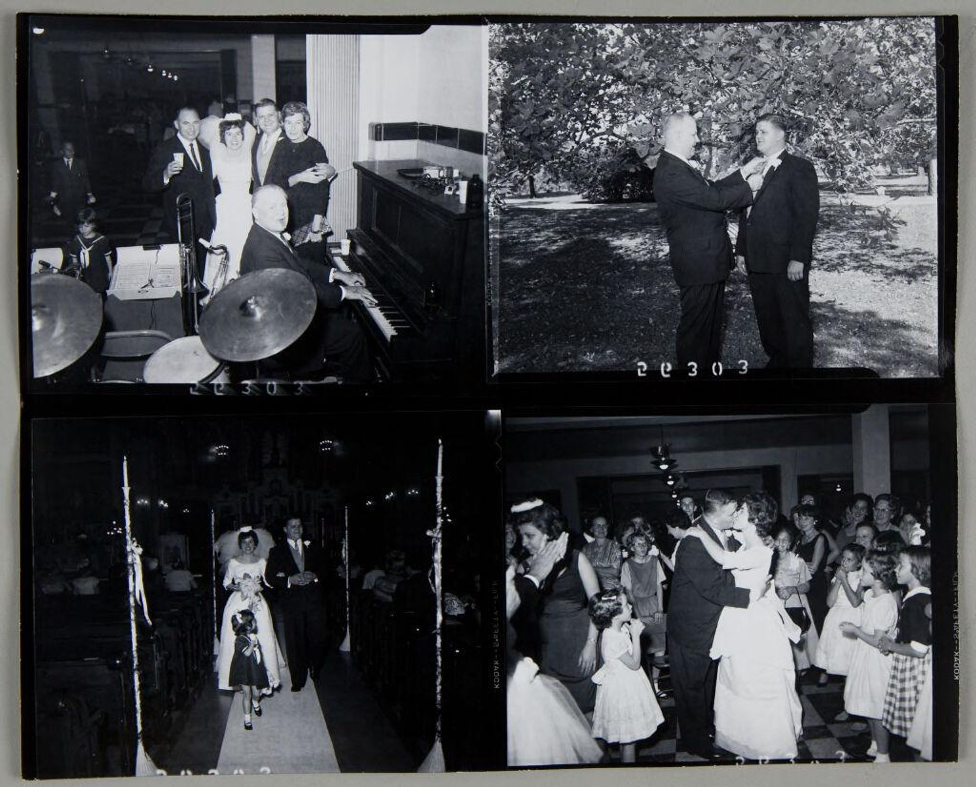 Untitled (three photographs: bride and groom posing with two guests and piano player at reception; father adjusting groom's tie under tree outdoors; bride and groom walking down aisle behind flower girl) by Martin Schweig