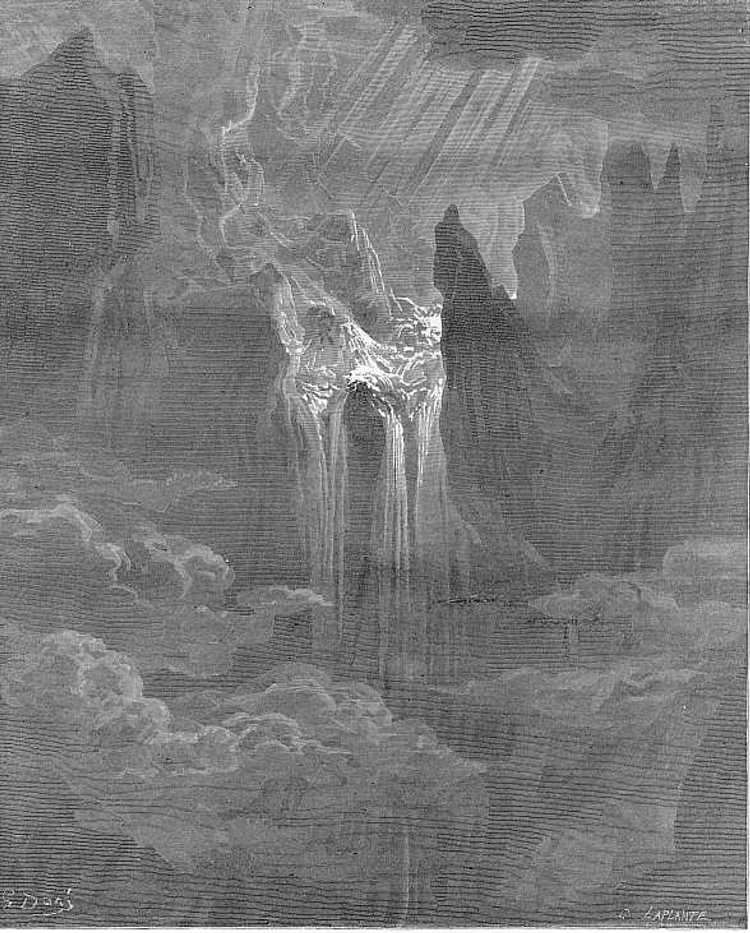 Wave rolling after wave, where way they found  If steep, with torrent rapture by Gustave Dore