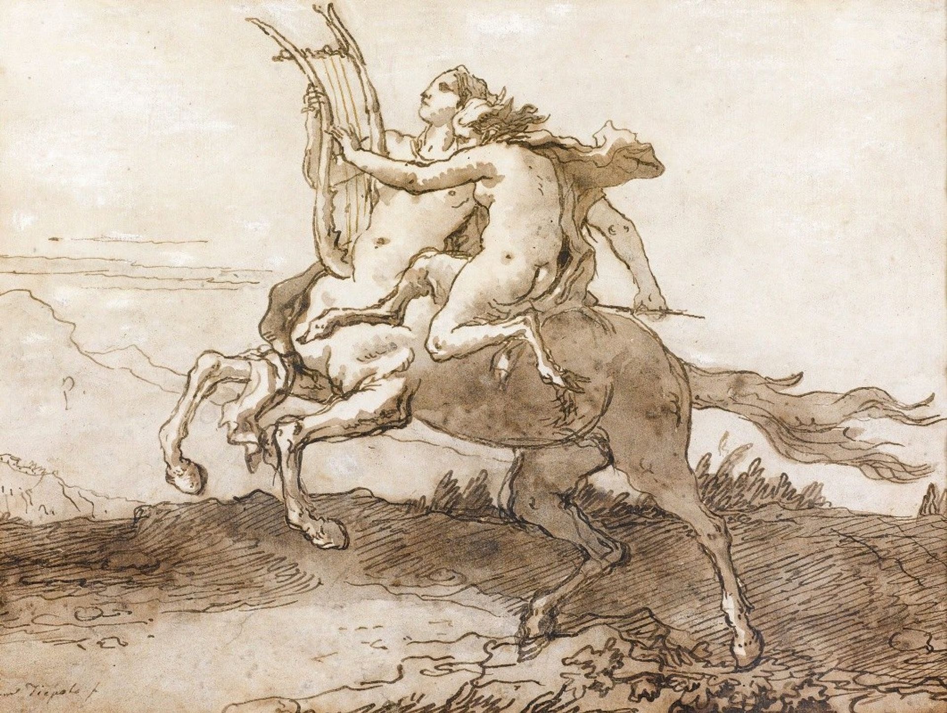 A Centaur Holding A Lyre, Galloping With A Female Faun by Giovanni Domenico Tiepolo
