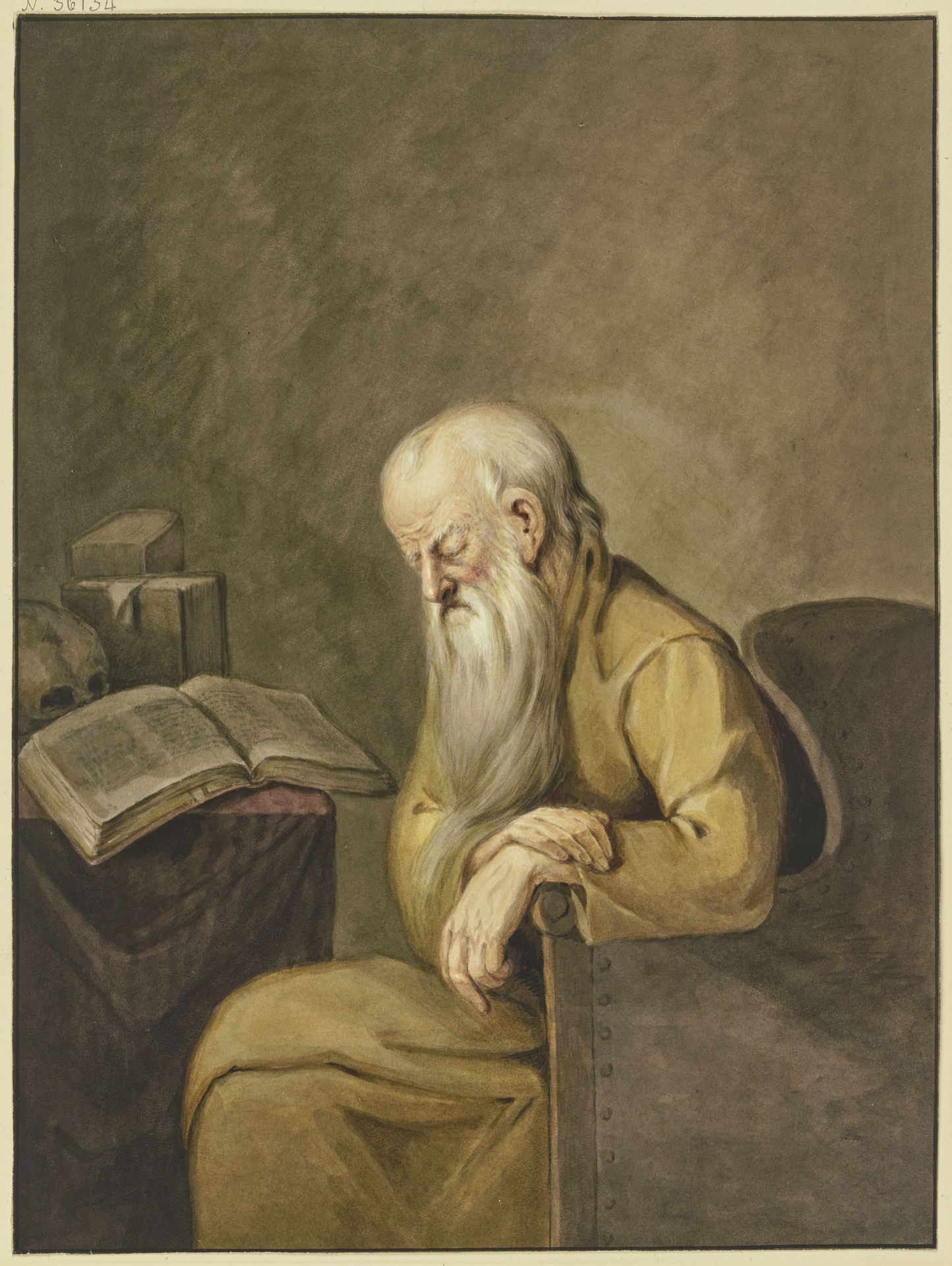 Ein Greis mit langem Bart ist beim Lesen in seinem Stuhl eingeschlafen by Leffer