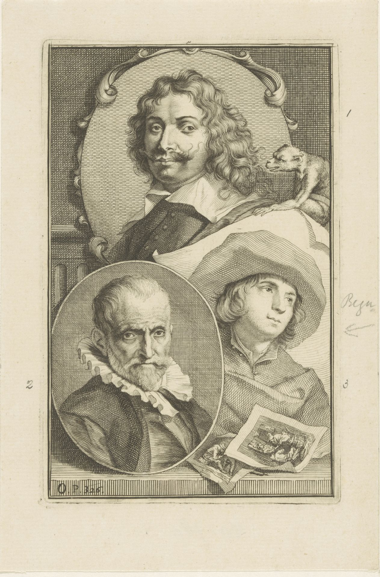 Portretten van Adriaen Brouwer, Jürgen Ovens en Cornelis Pietersz. Bega by Jacob Houbraken