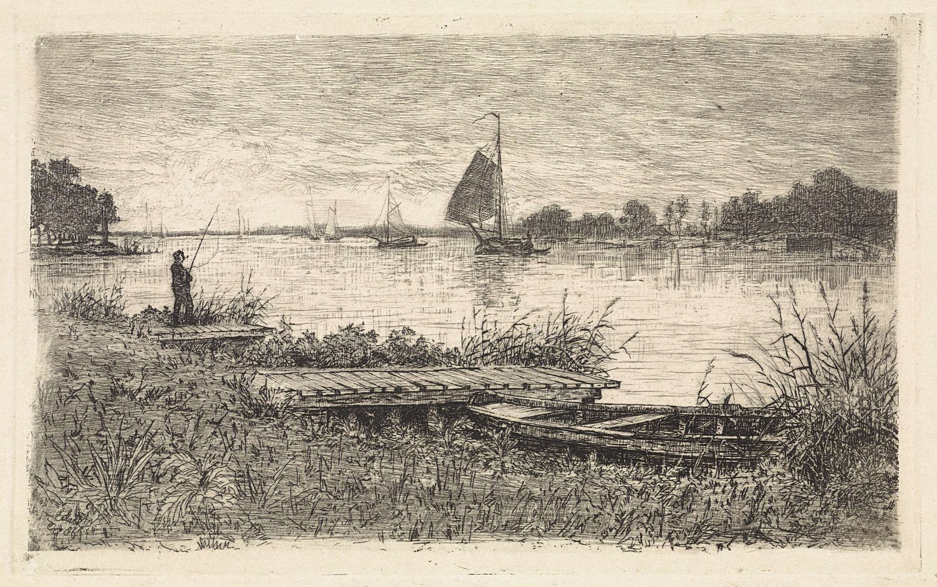 Rivierlandschap met hengelaar op een steiger by Elias Stark