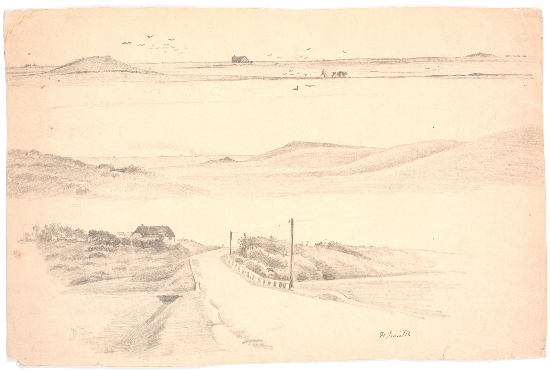 Studieblad med tre landskaber fra jylland. Øverst: landskab med pløjemark; midten: landskab med høje bakker; nederst: landskab med hus og vej by Hans Smidth