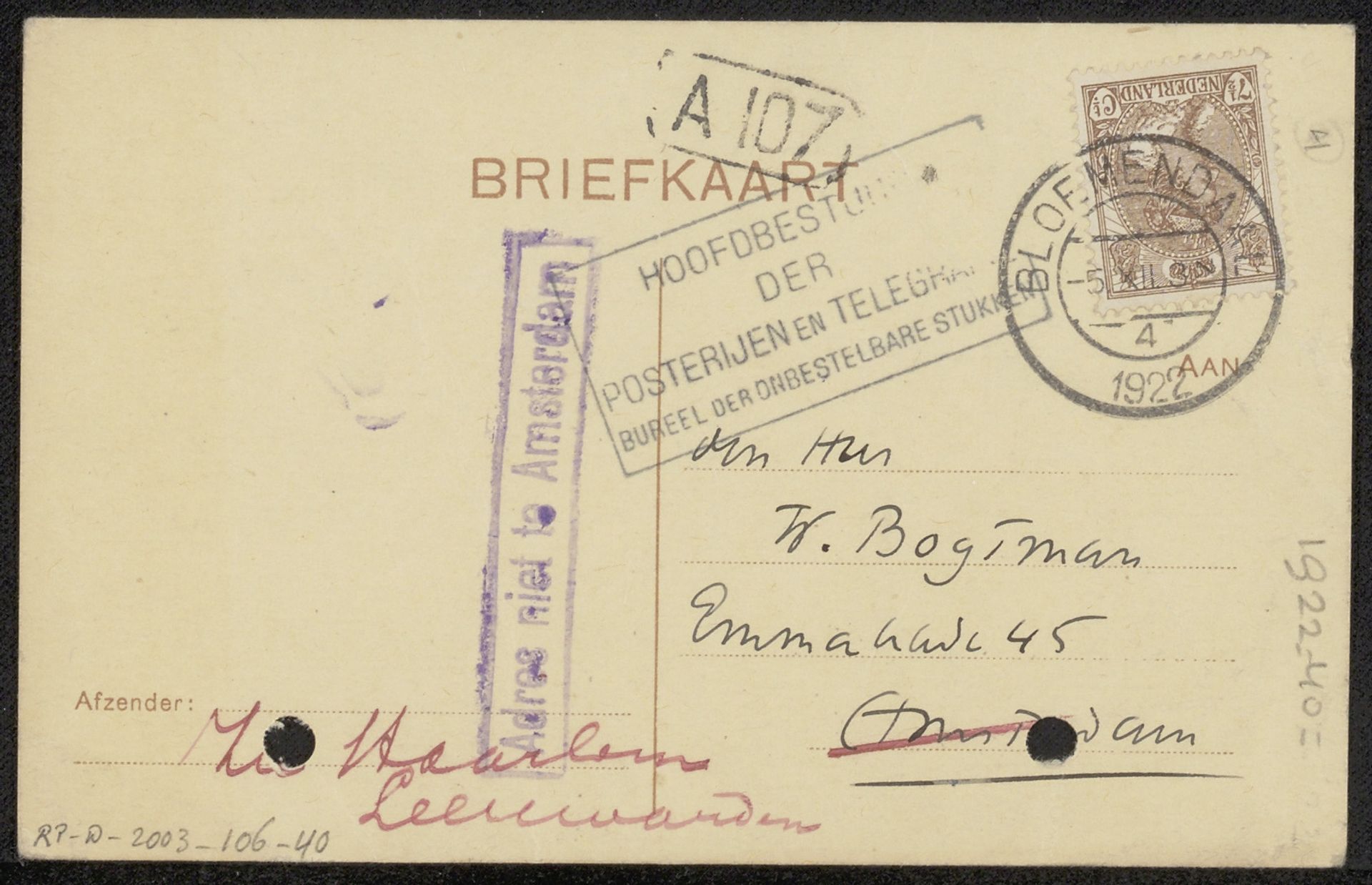Briefkaart aan Willem Bogtman by Richard Nicolaüs Roland Holst