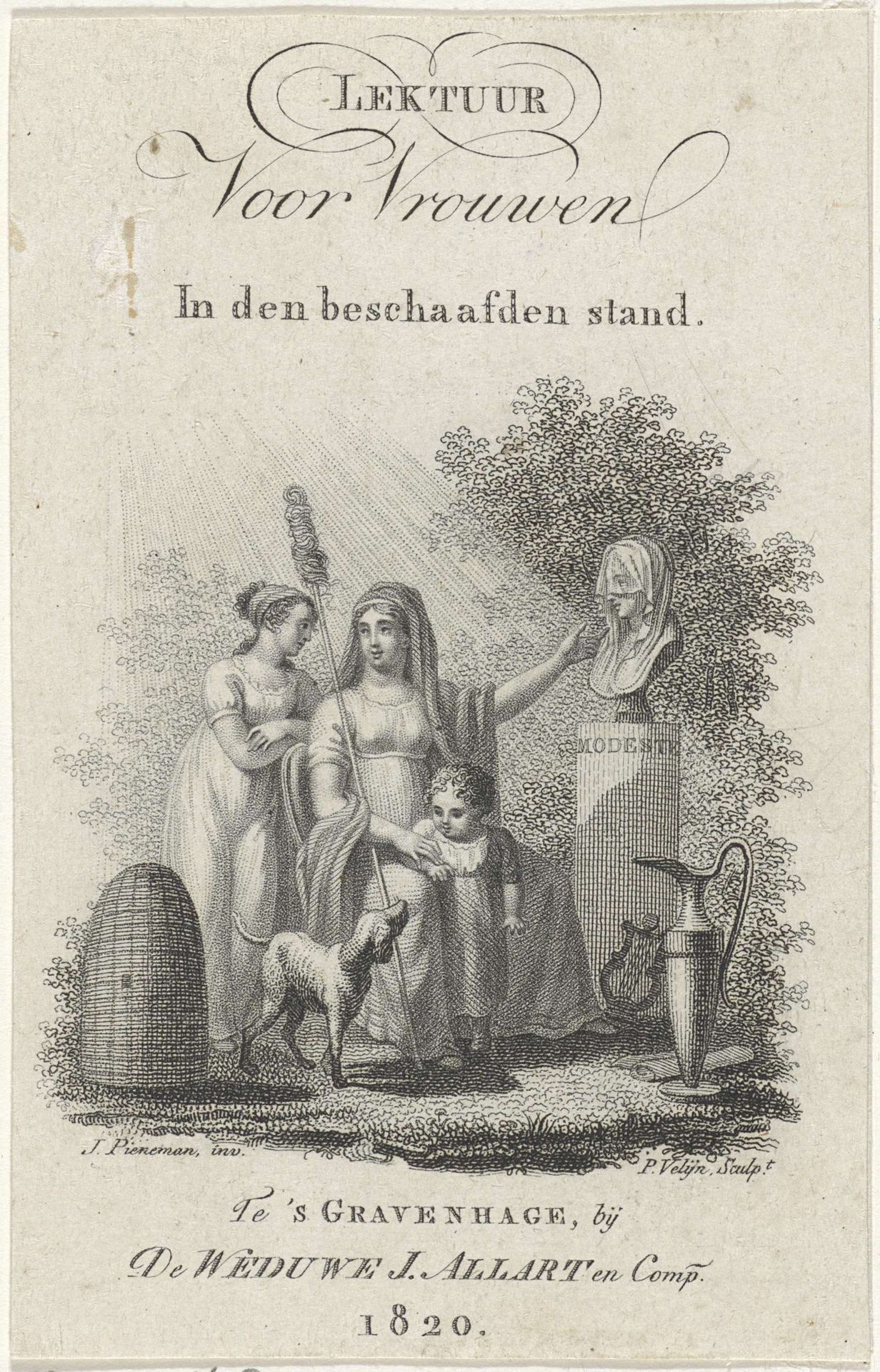 Drie generaties vrouwen bij een buste van de gepersonifieerde bescheidenheid by Philippus Velijn