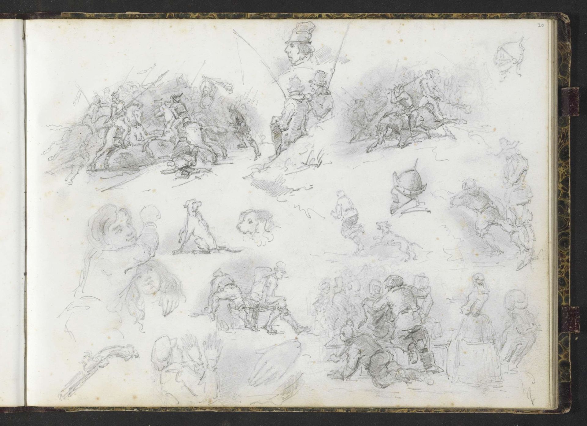 Studieblad met ruitergevechten, vissers, koppen en honden by Lambertus Lingeman