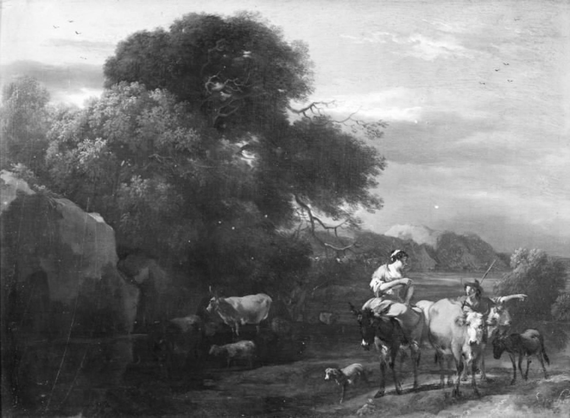 Evening Landscape with Wooded Rocks and Cattle by Nicolaes Berchem